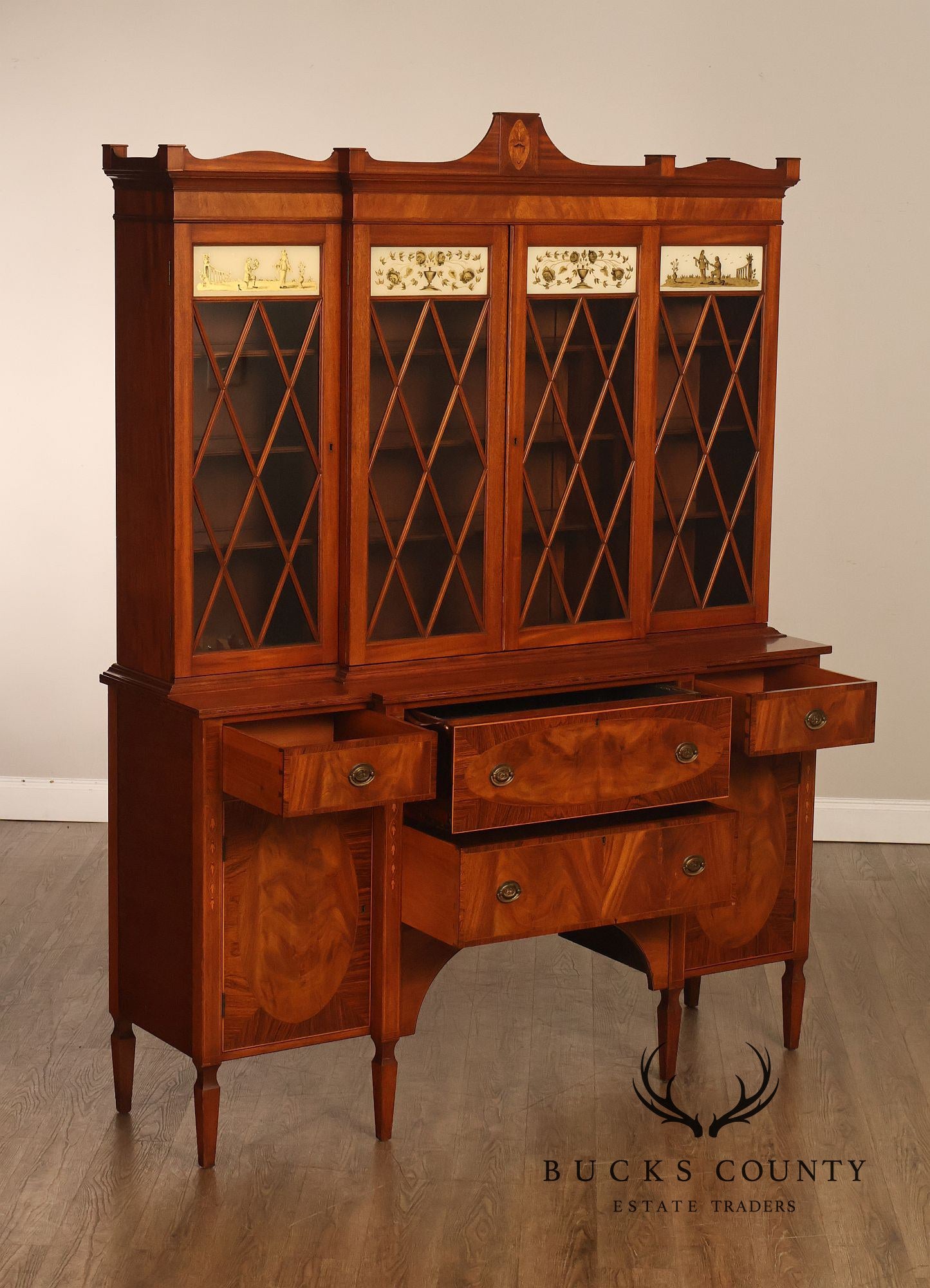 H. Sacks & Sons Marlboro Manor Federal Style Vintage Mahogany Breakfront Bookcase