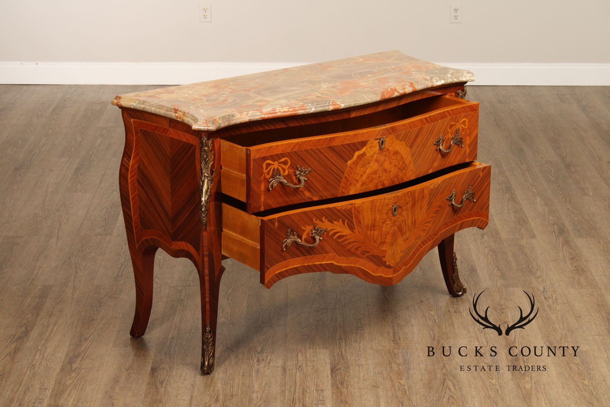 Louis XV Style Pair Of Marquetry Inlaid Marble Top Bombe Commodes