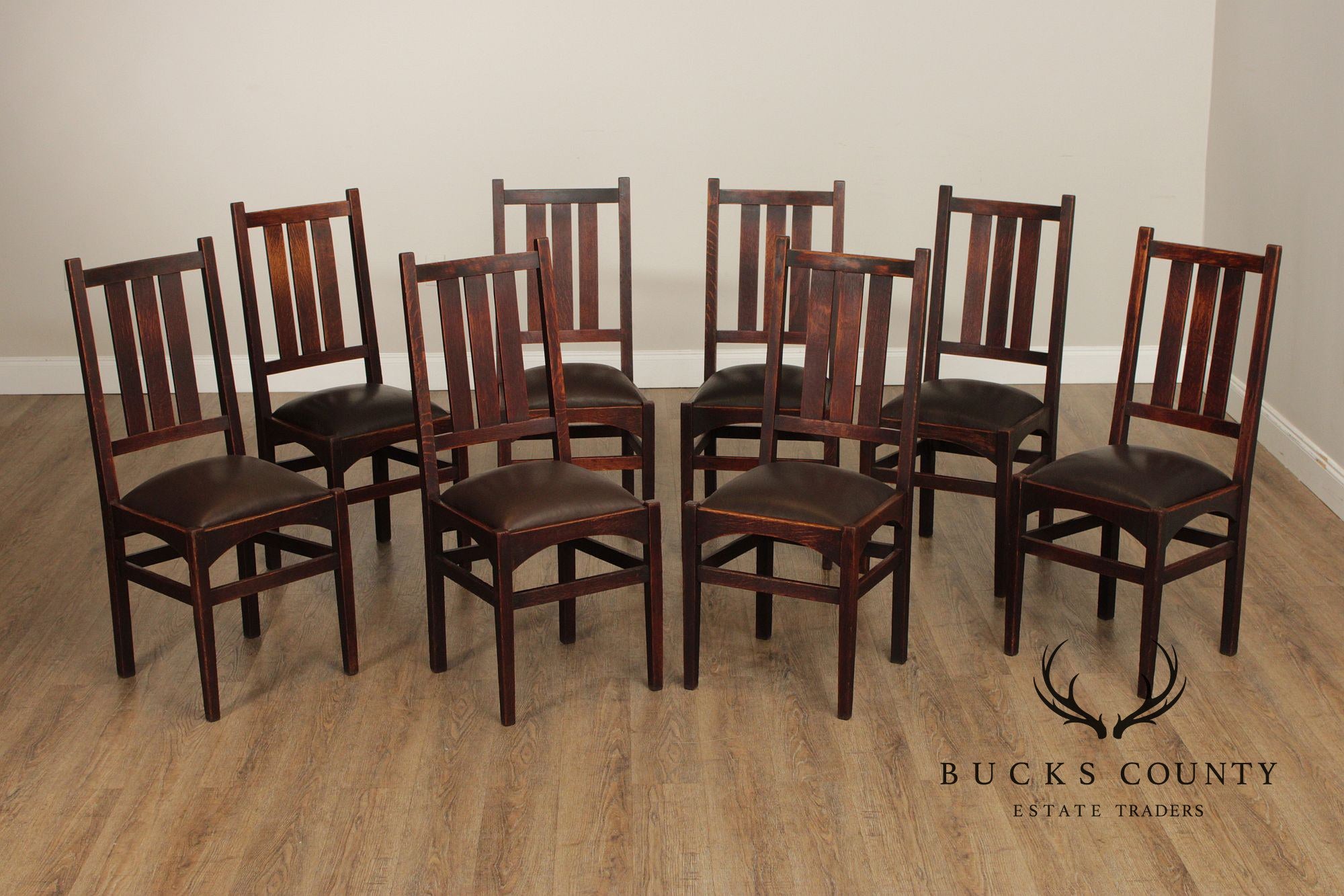 Gustav Stickley Harvey Ellis Set of Eight Oak and Leather Dining Chairs