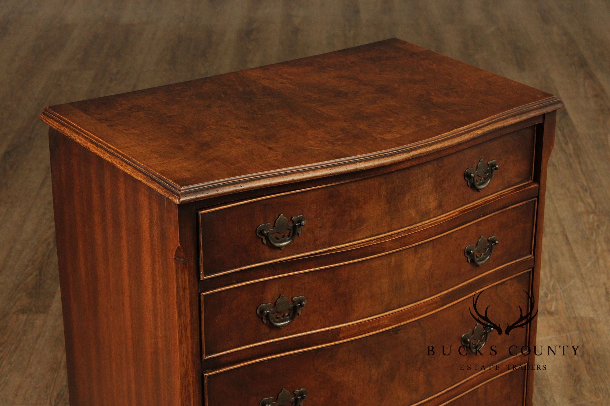 Georgian Style Burlwood English Bachelor Chest Of Drawers