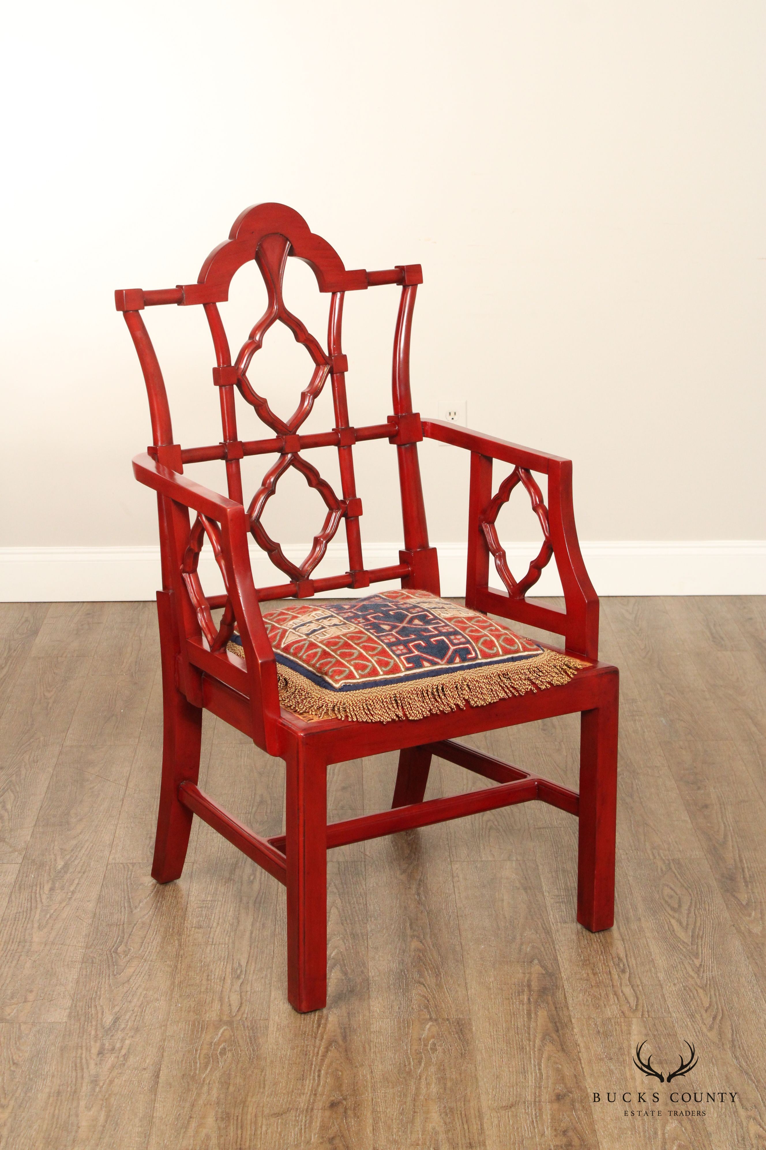 Chinese Chippendale Style Pair of Red Lacquered Dining Armchairs