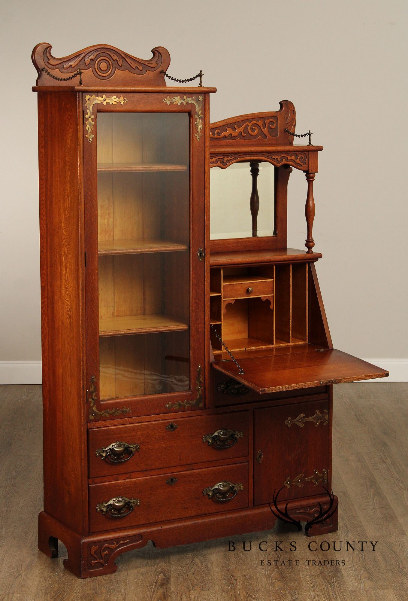 Antique Victorian Carved Oak Side-by-Side Secretary Desk Bookcase