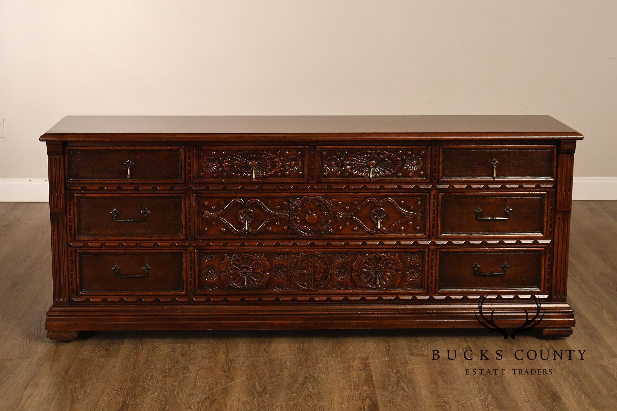 John Widdicomb Spanish Revival Style Carved Triple Dresser