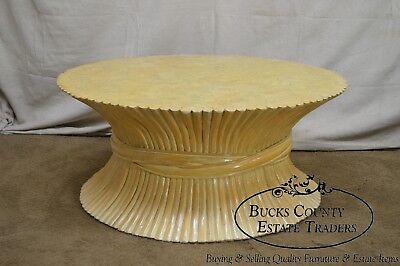 McGuire Style Mid Century Modern Round Wheat Sheaf Rattan Coffee Table