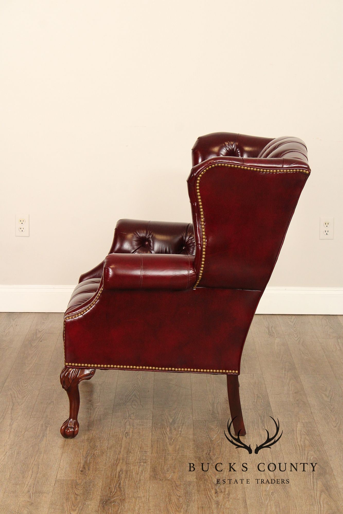 Georgian Style Tufted Oxblood Leather 'Reynolds' Wing Chair and Ottoman