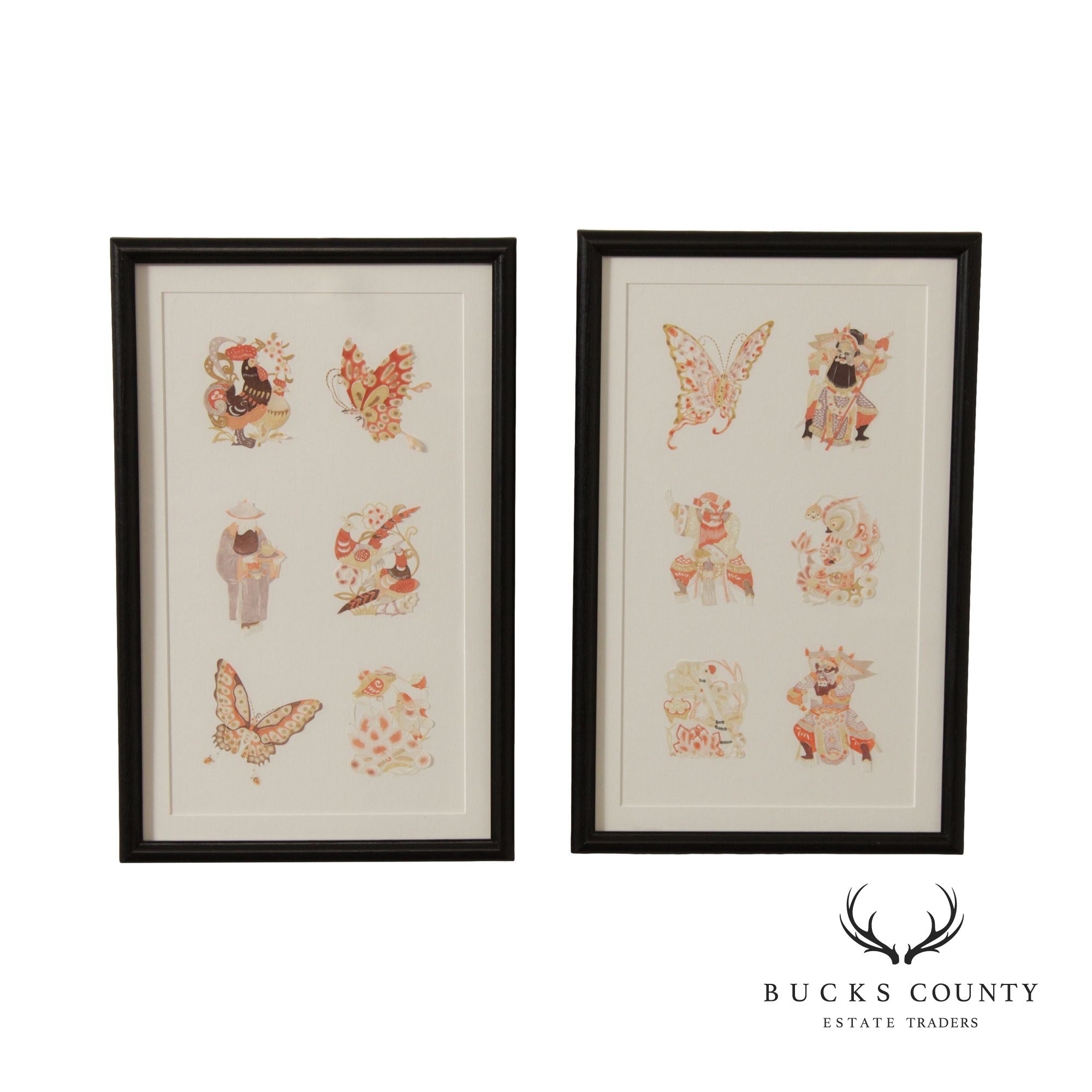 Vintage Pair of Chinese Watercolor Jianzhi