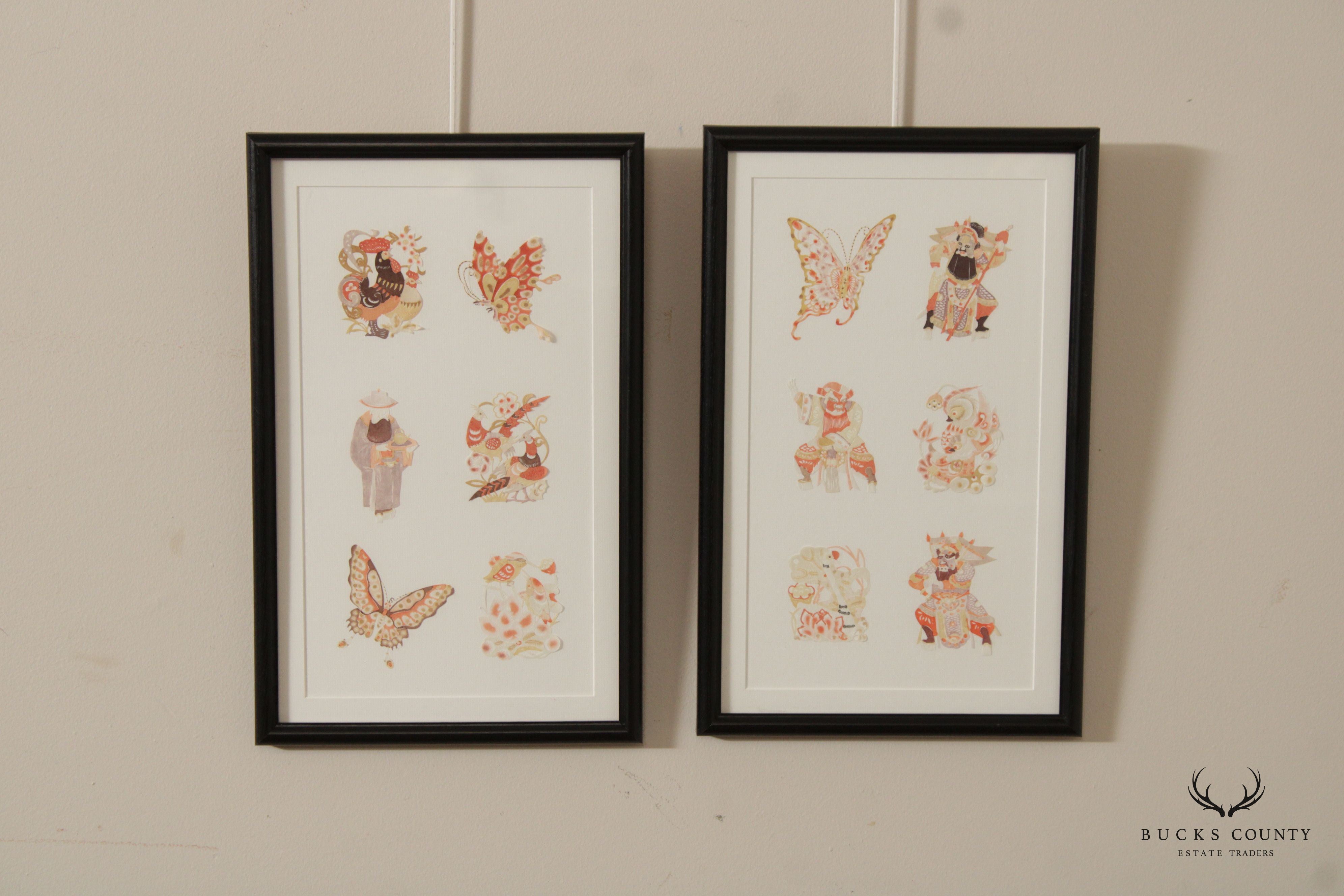Vintage Pair of Chinese Watercolor Jianzhi