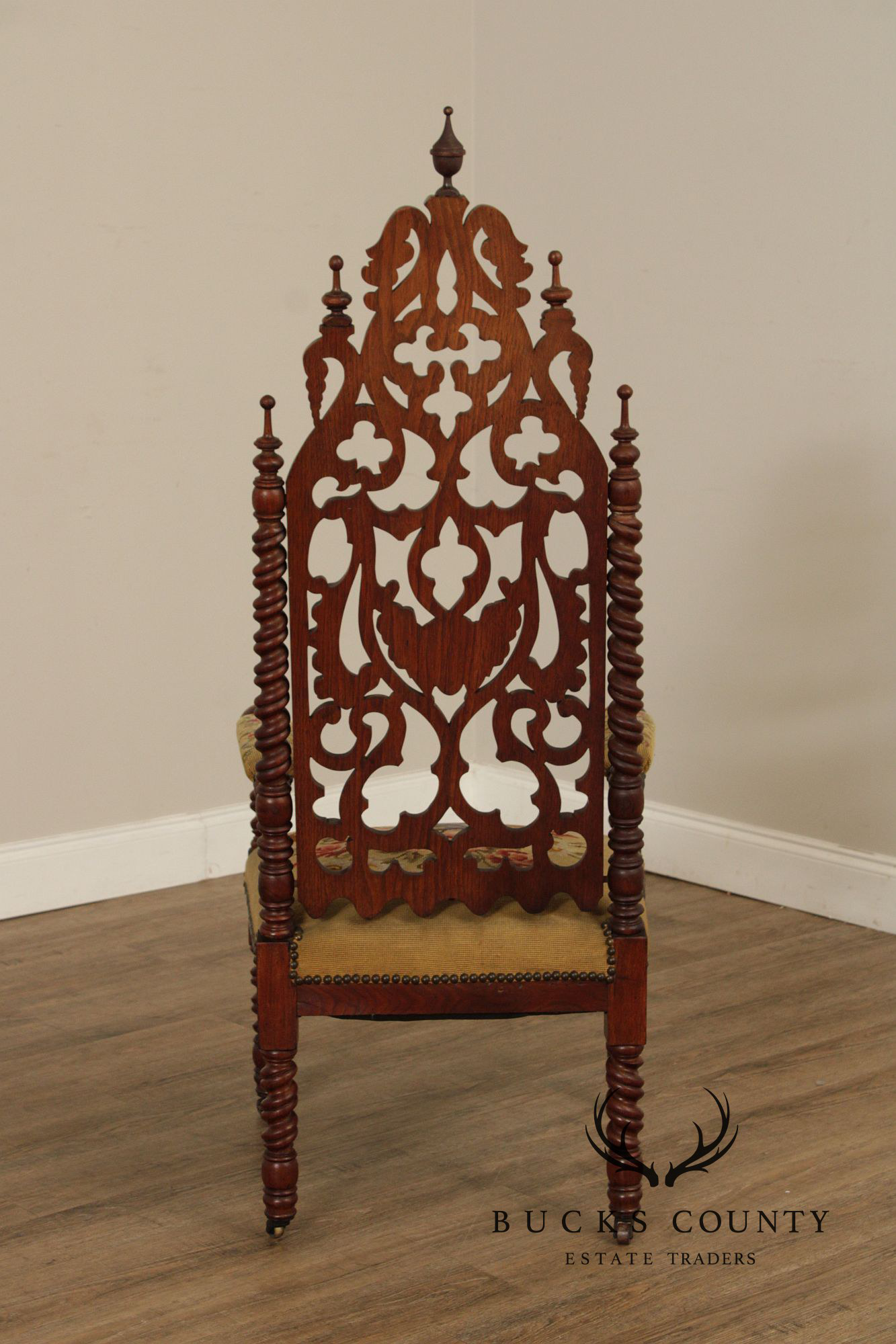 Antique American Gothic Revival Carved Walnut Throne Chair