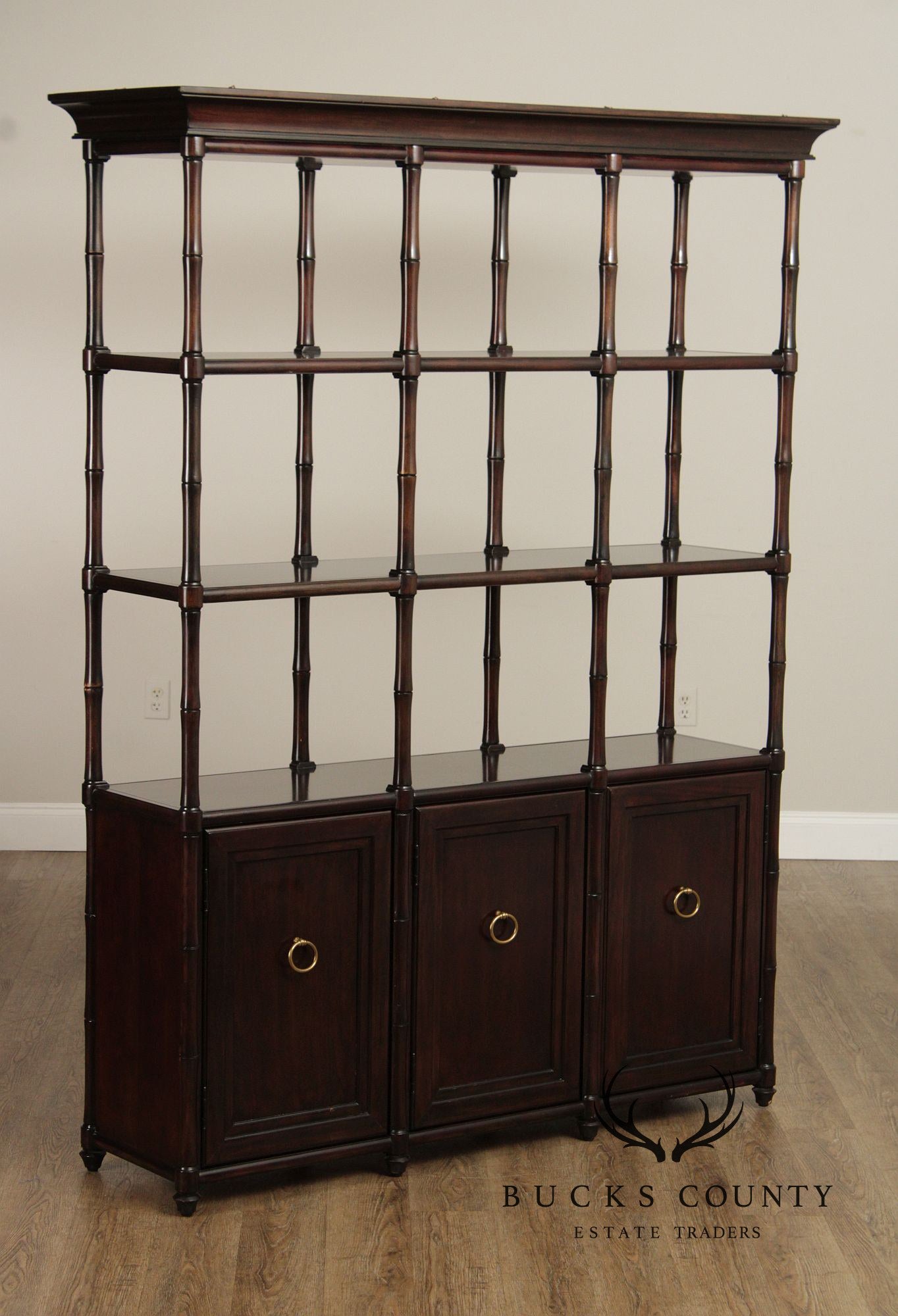 Faux Bamboo Large Mahogany Etagere Bookcase Cabinet