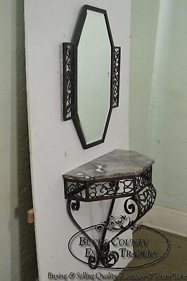 Art Deco Oscar Bach Style Iron Marble Top Wall Console w/ Mirror