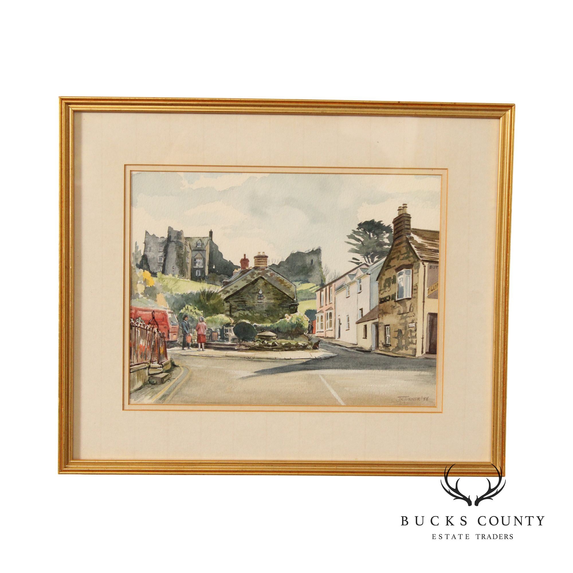 Vintage Original Watercolor Street Scene Painting by JC Turner