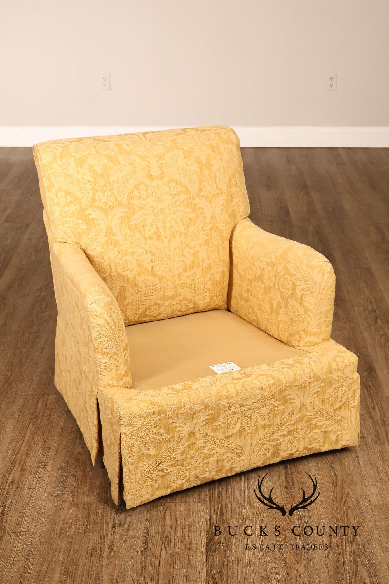 Custom Pair Of Skirted Damask Upholstered Lounge Chairs