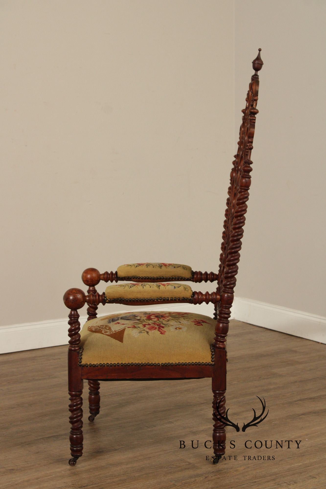 Antique American Gothic Revival Carved Walnut Throne Chair
