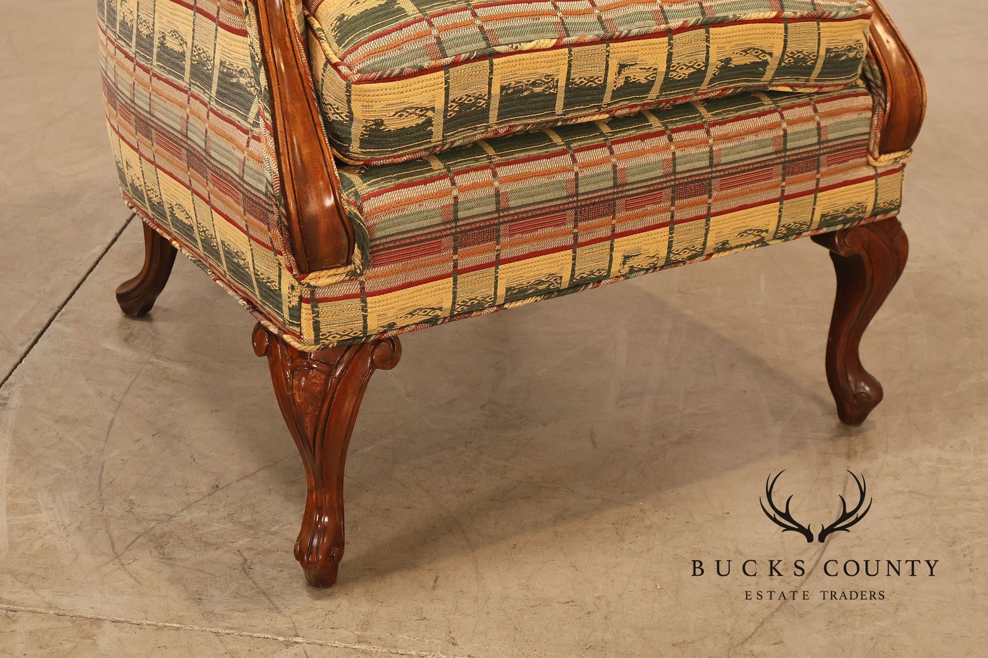 Vintage Channel Back Carved Frame Wingback Armchair