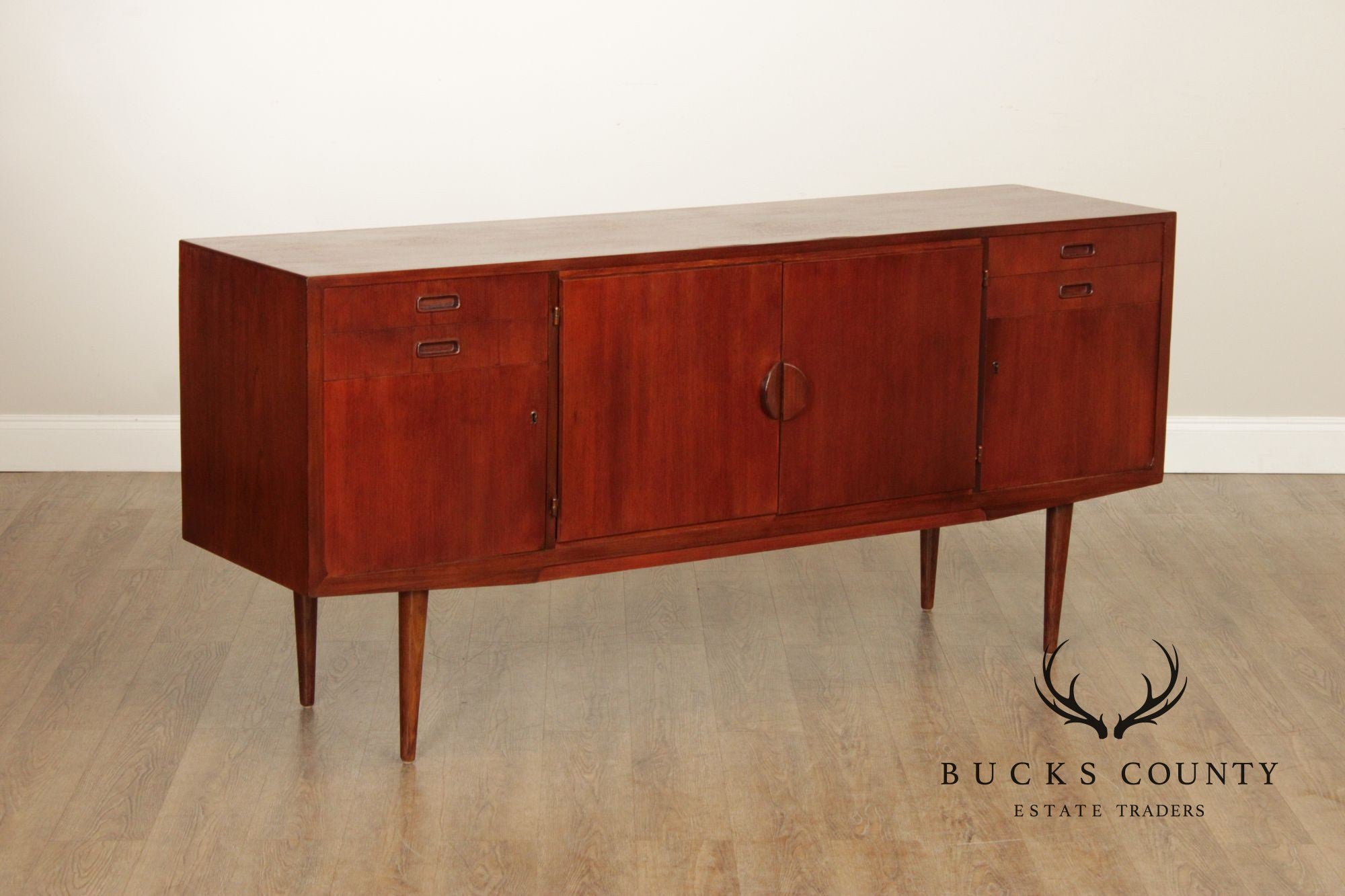 Mid-Century Danish Style Teak Credenza Sideboard With Inset Pulls