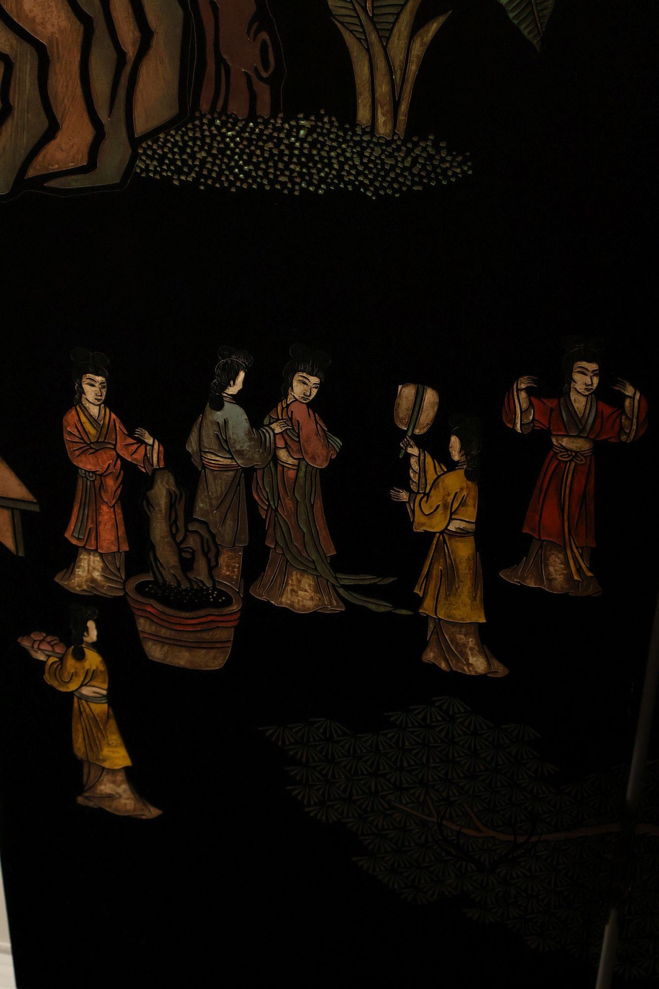 Asian Style Black Vintage Lacquer Six Panel Folding Screen