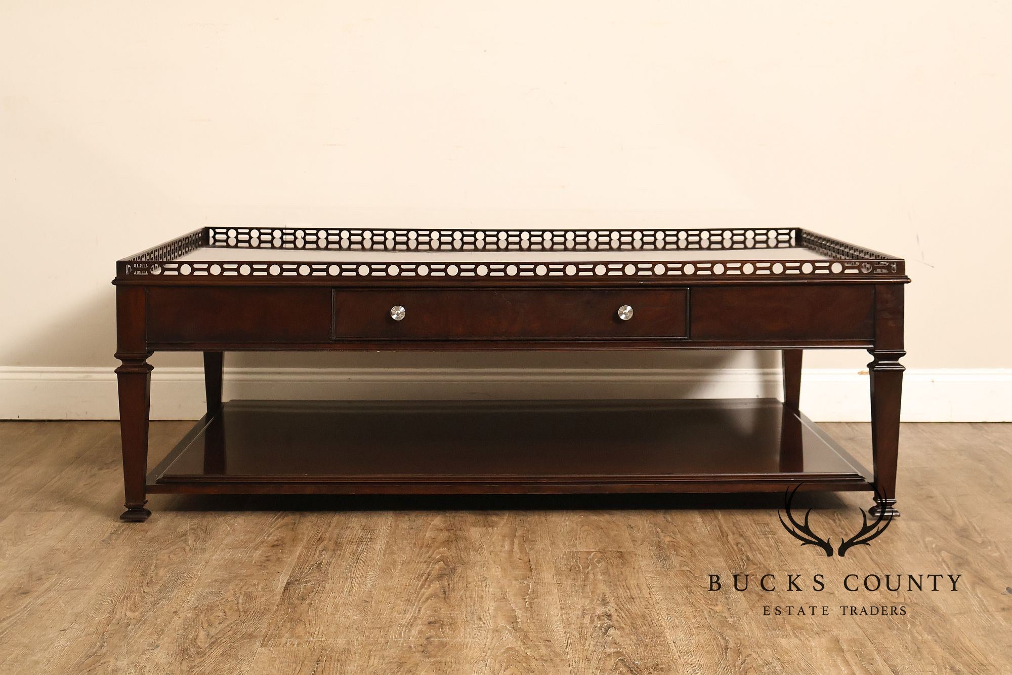 Century Furniture Large Mahogany Two Drawer Gallery Top Rectangular Cocktail Coffee Table
