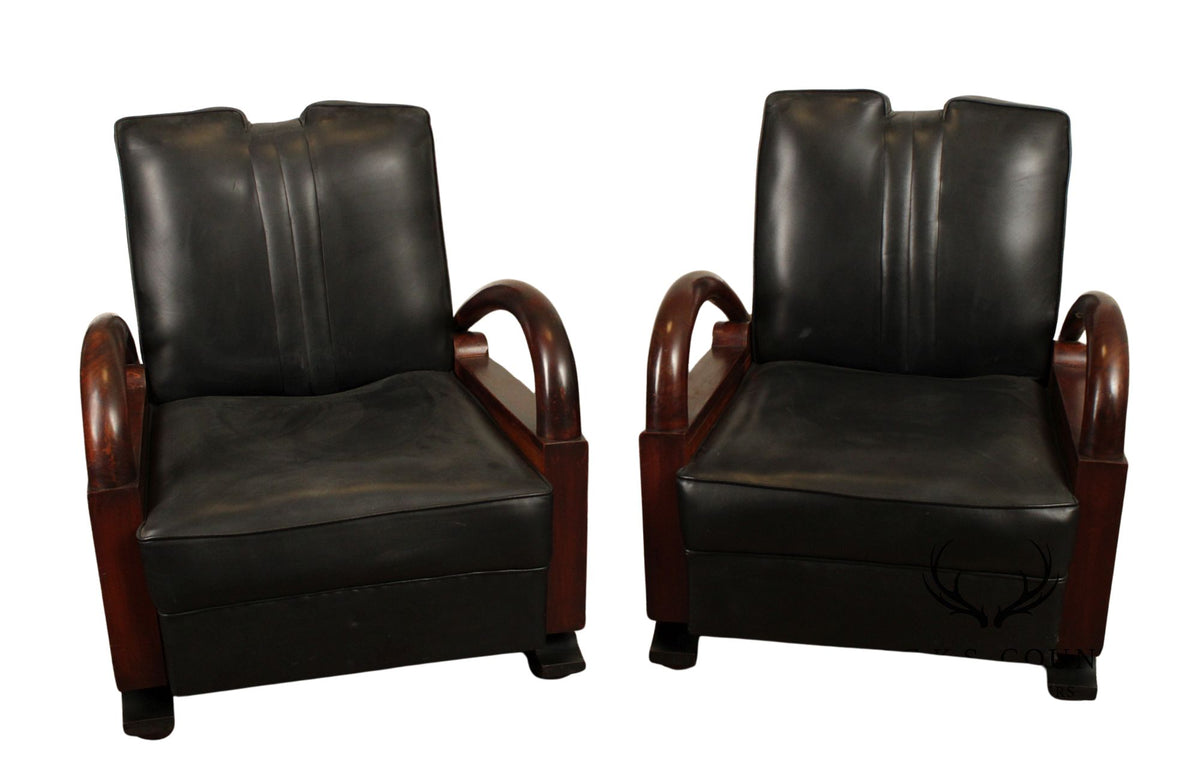 Art Deco Pair Of Streamline Moderne Rosewood And Black Leather Lounge Chairs