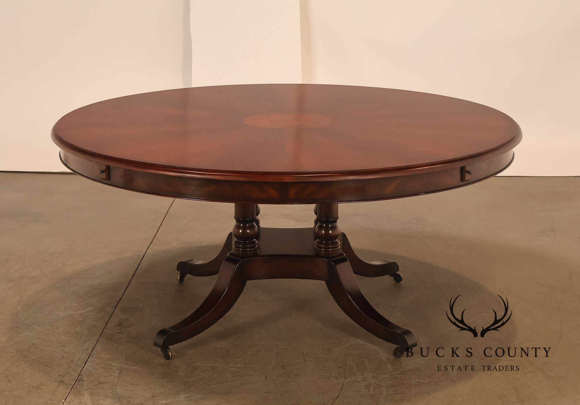 Theodore Alexander Regency Style Mahogany Round Dining Table With Expandable 4 Leaves