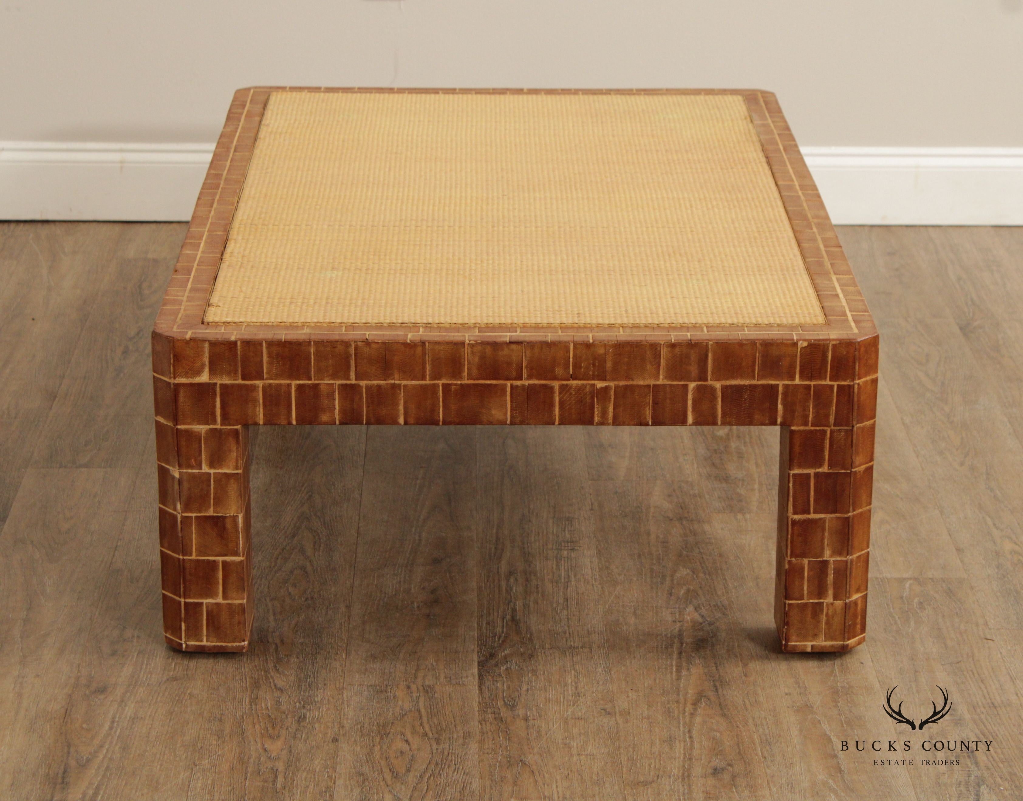 Mid Century Modern Wooden Block Carved Tile Parsons Coffee Table with Wicker Top