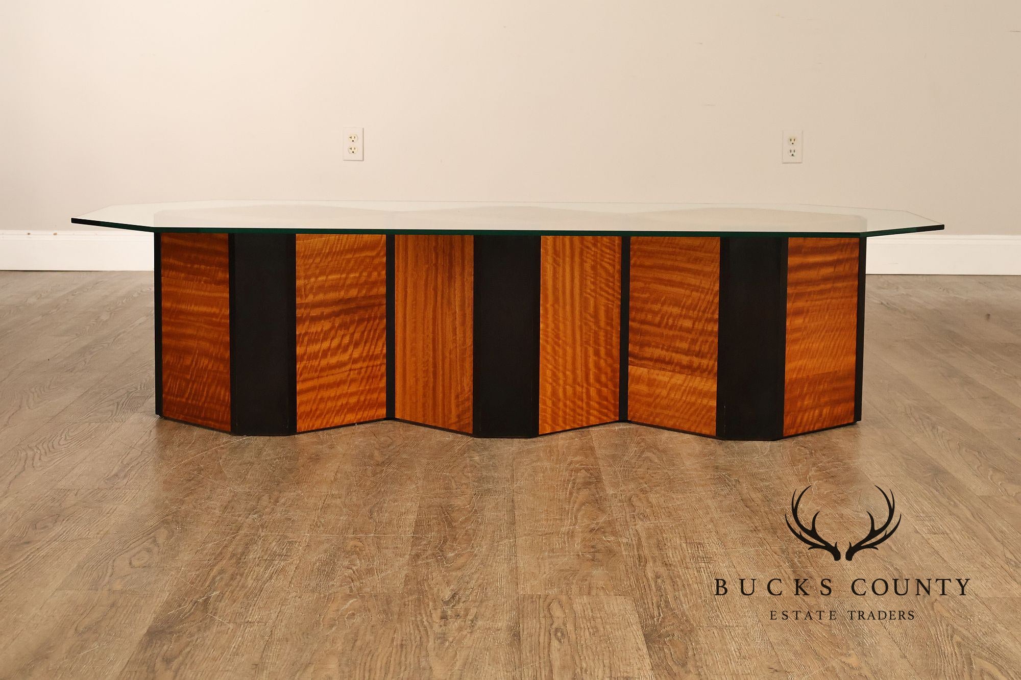 Honeycomb Style Glass Top Coffee Table With Figured Wood Base