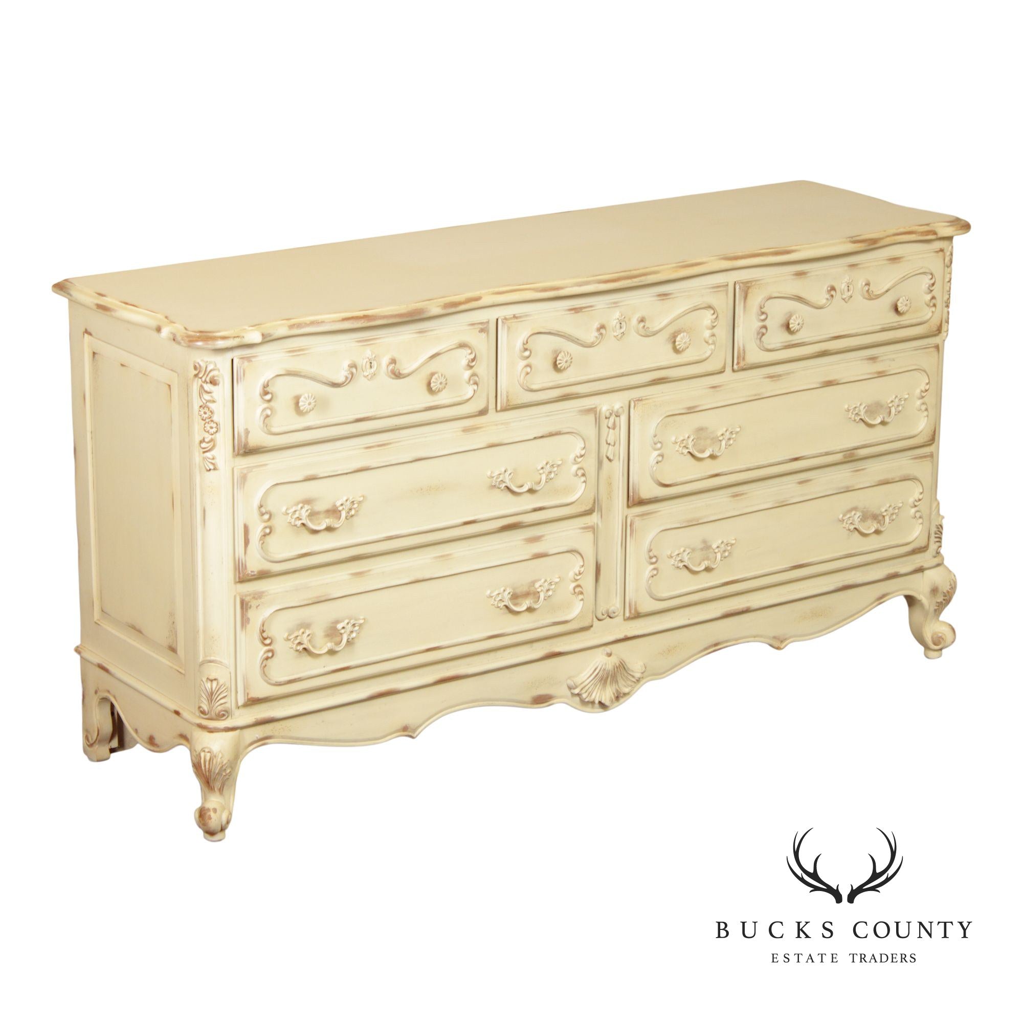Lane French Provincial Style Distressed Cream Seven Drawer Dresser