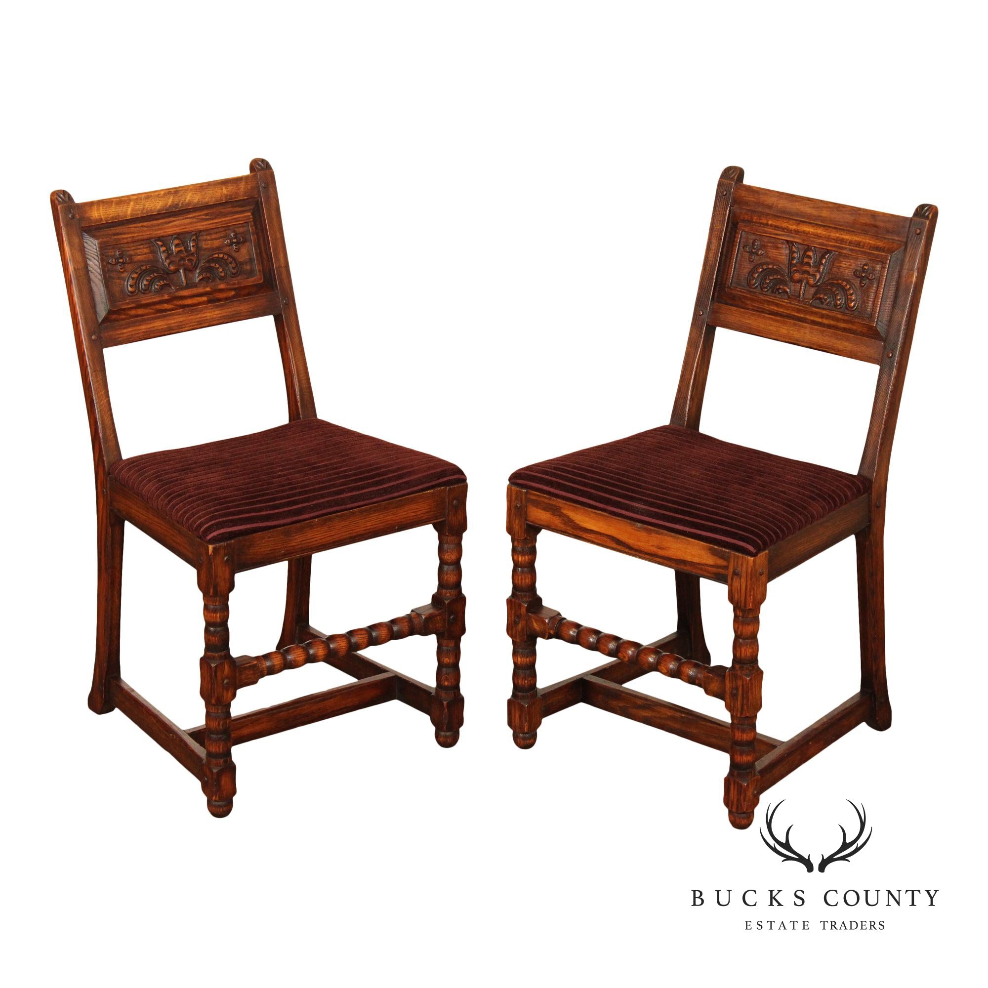 Jamestown Lounge Feudal Oak Pair of Carved Side Chairs