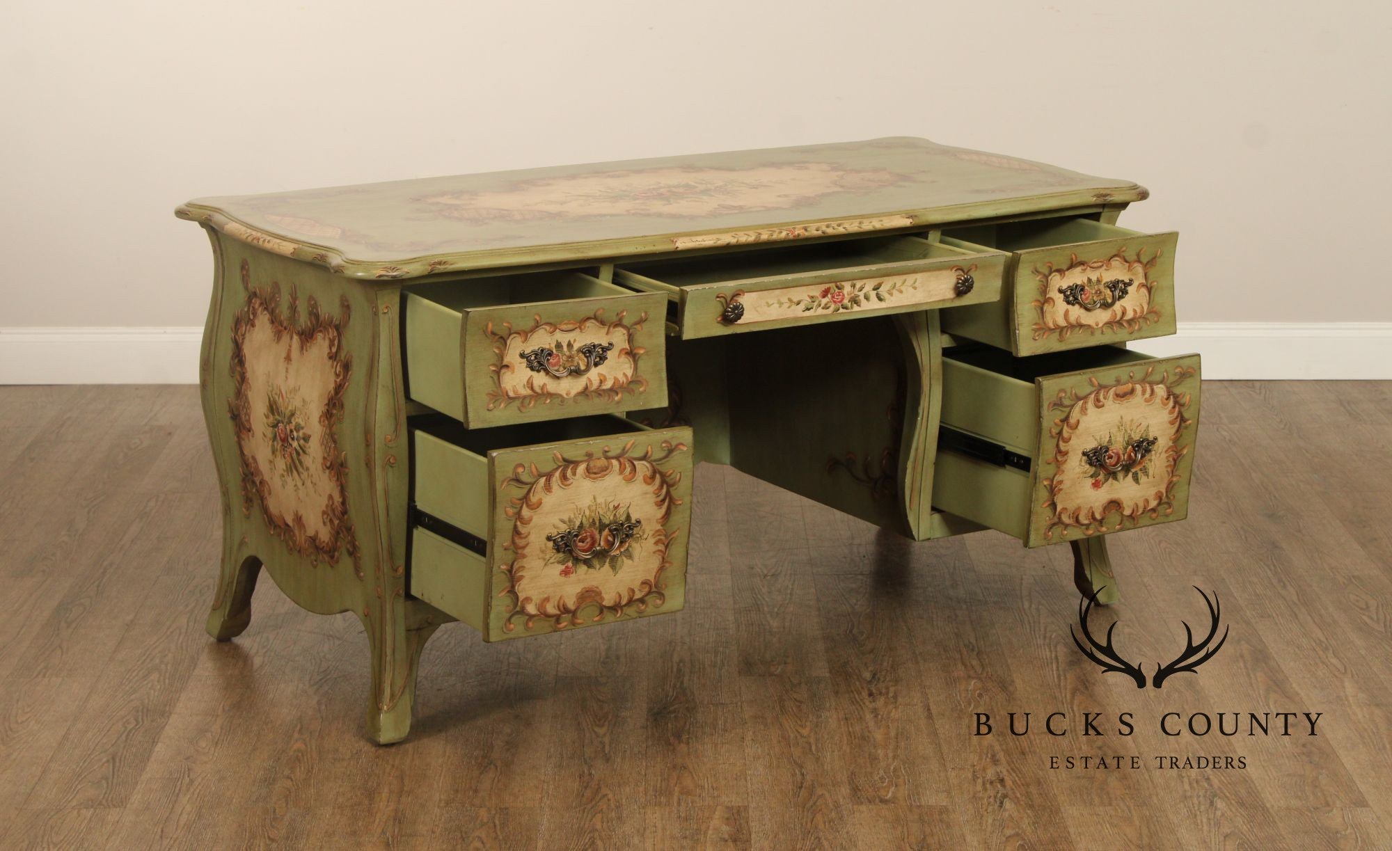 Lane French Louis XV Style Bombe Paint Decorated Executive Desk