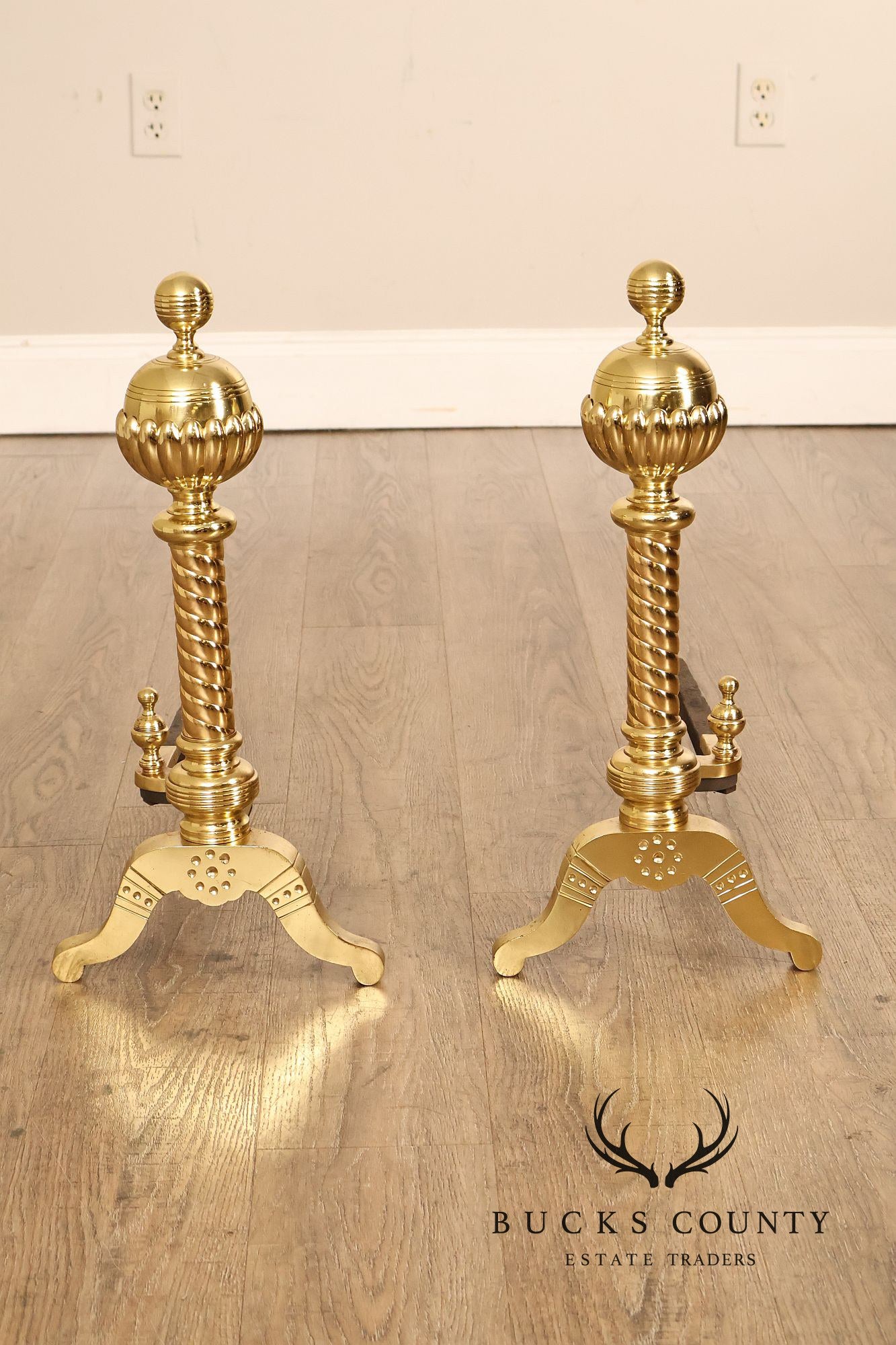 Georgian Style Pair of Polished Brass Fireplace Andirons