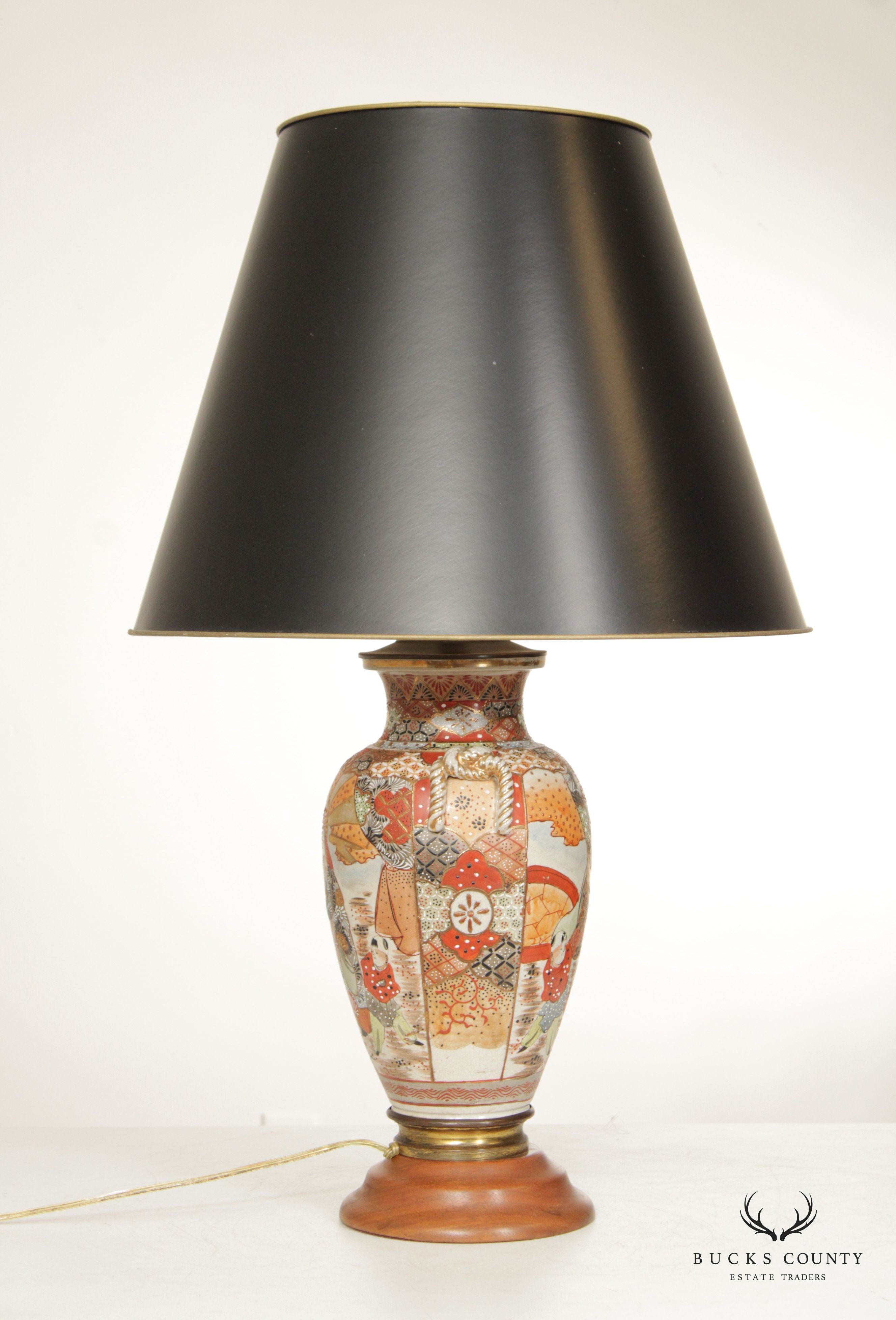 Japanese Satsuma Antique Pair of Enameled Porcelain Vase Table Lamps