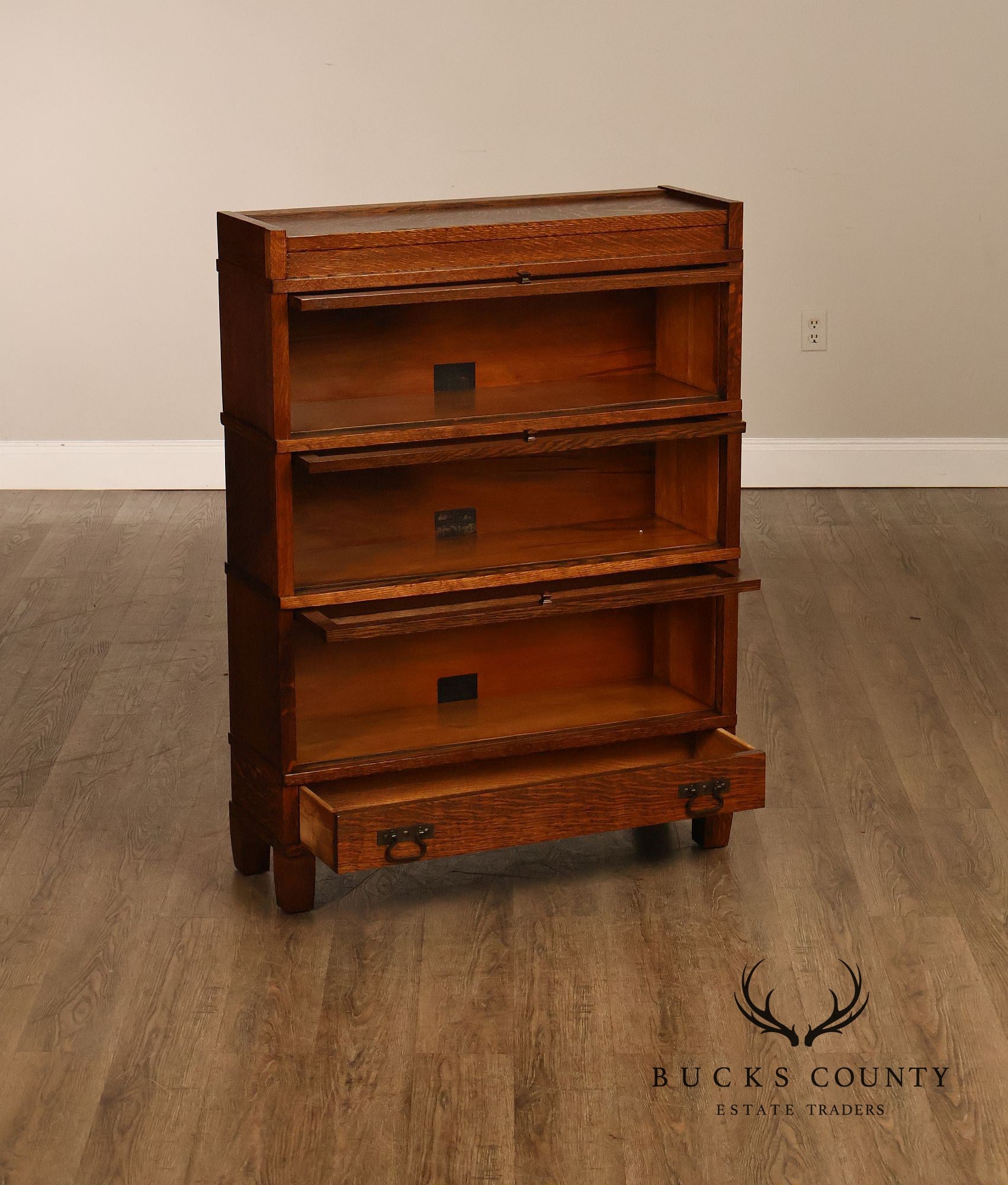 Antique Globe Wernicke Mission Oak Three Stack Barrister Bookcase With Base Drawer