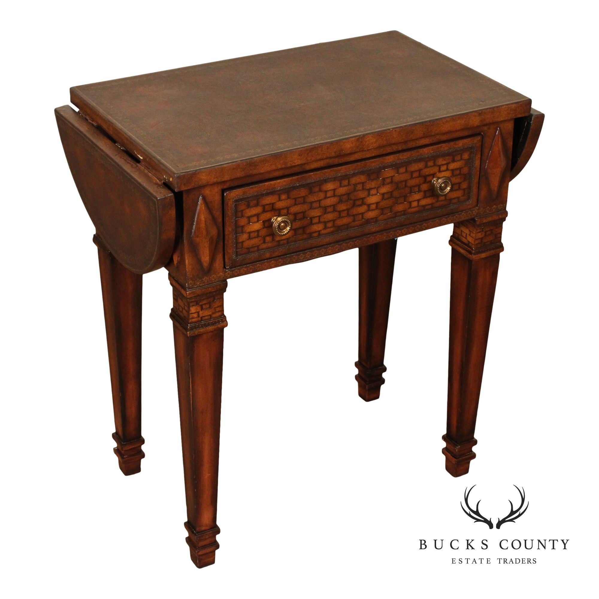 Neoclassical Style Leather Wrapped Drop-Leaf Side Table