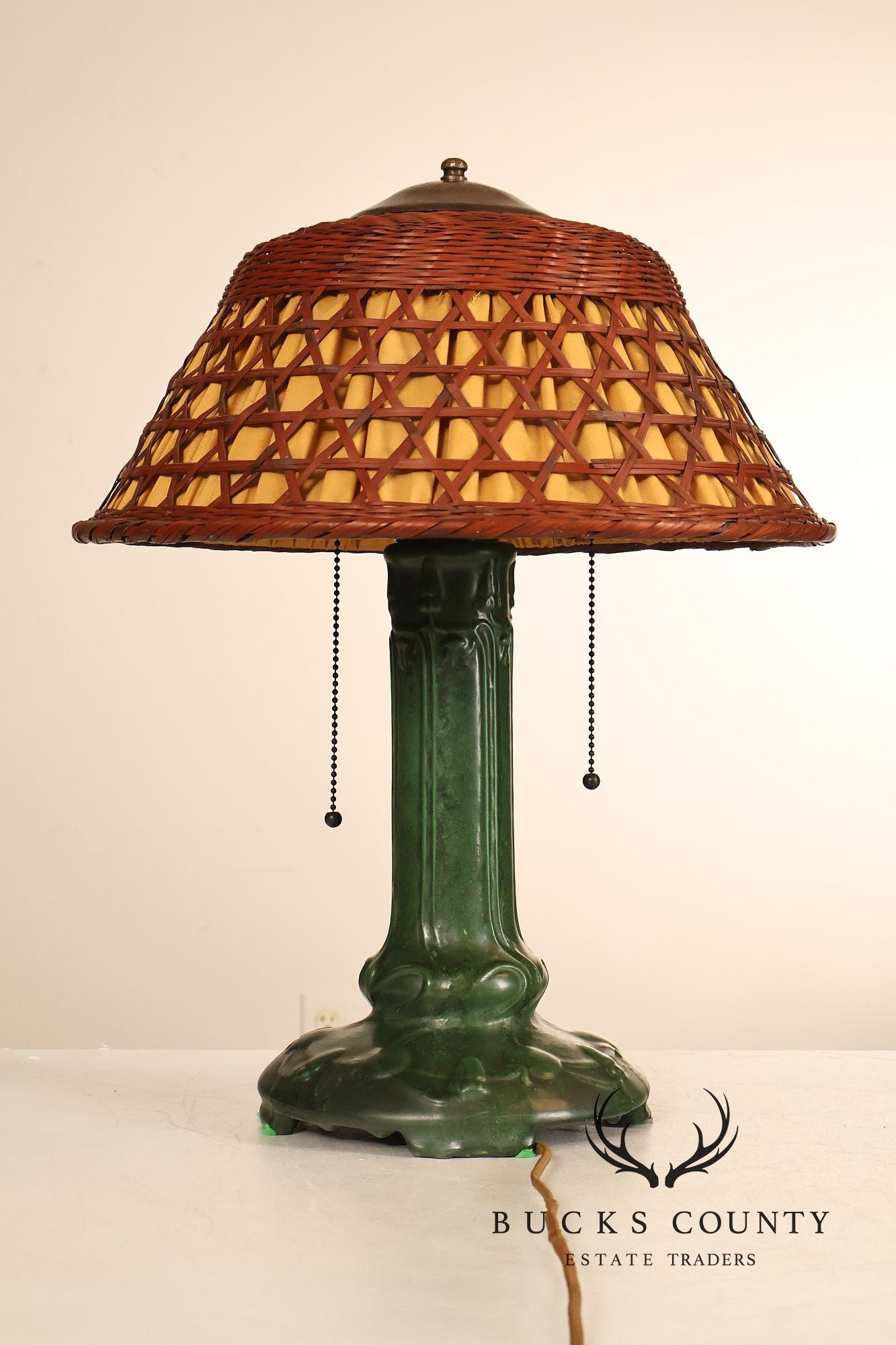 Weller Pottery Art Nouveau Green Glazed Table Lamp with Wicker Shade