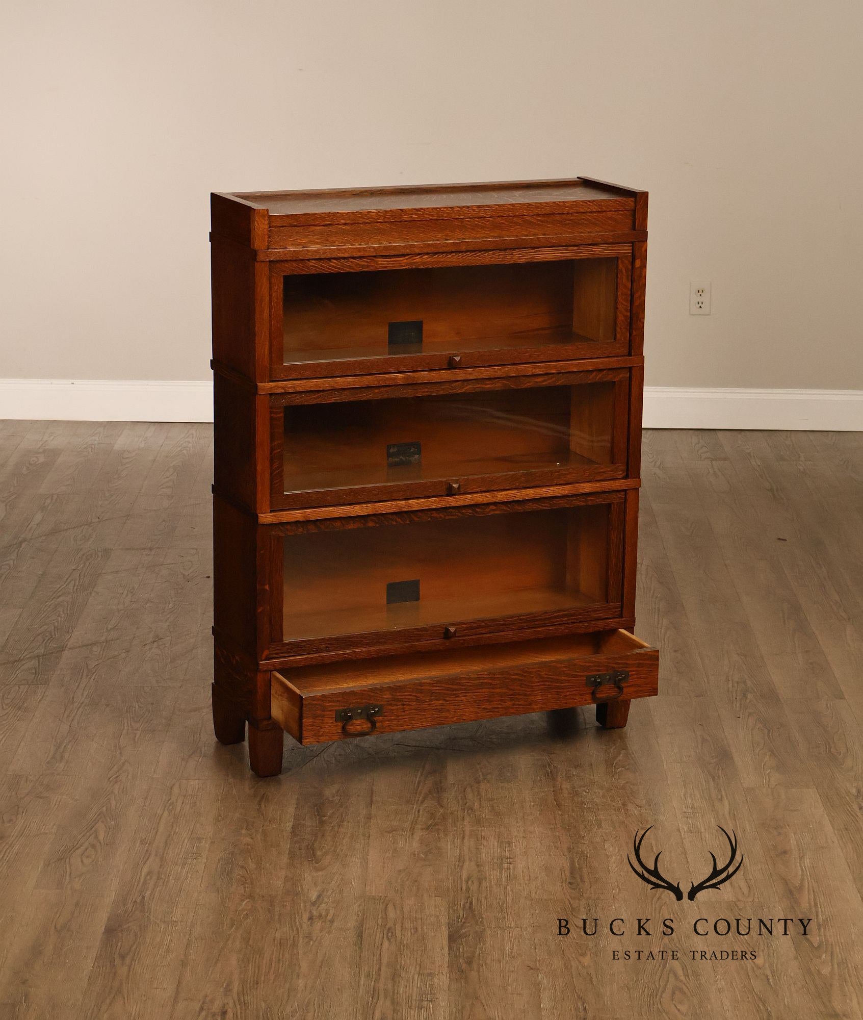 Antique Globe Wernicke Mission Oak Three Stack Barrister Bookcase With Base Drawer