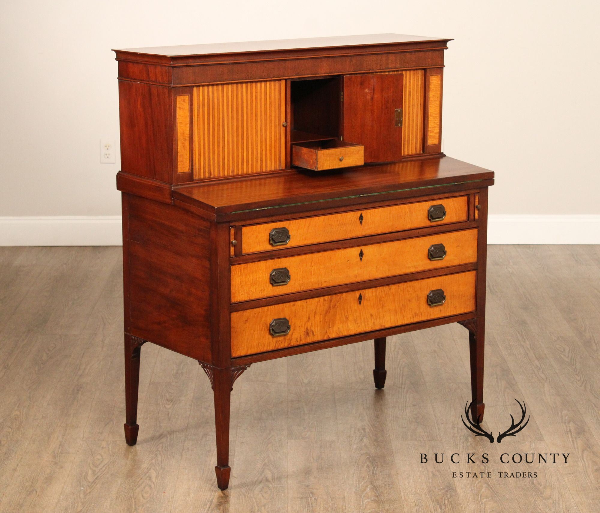 Federal Style Inlaid Mahogany And Tiger Maple Tambour Door Writing Desk