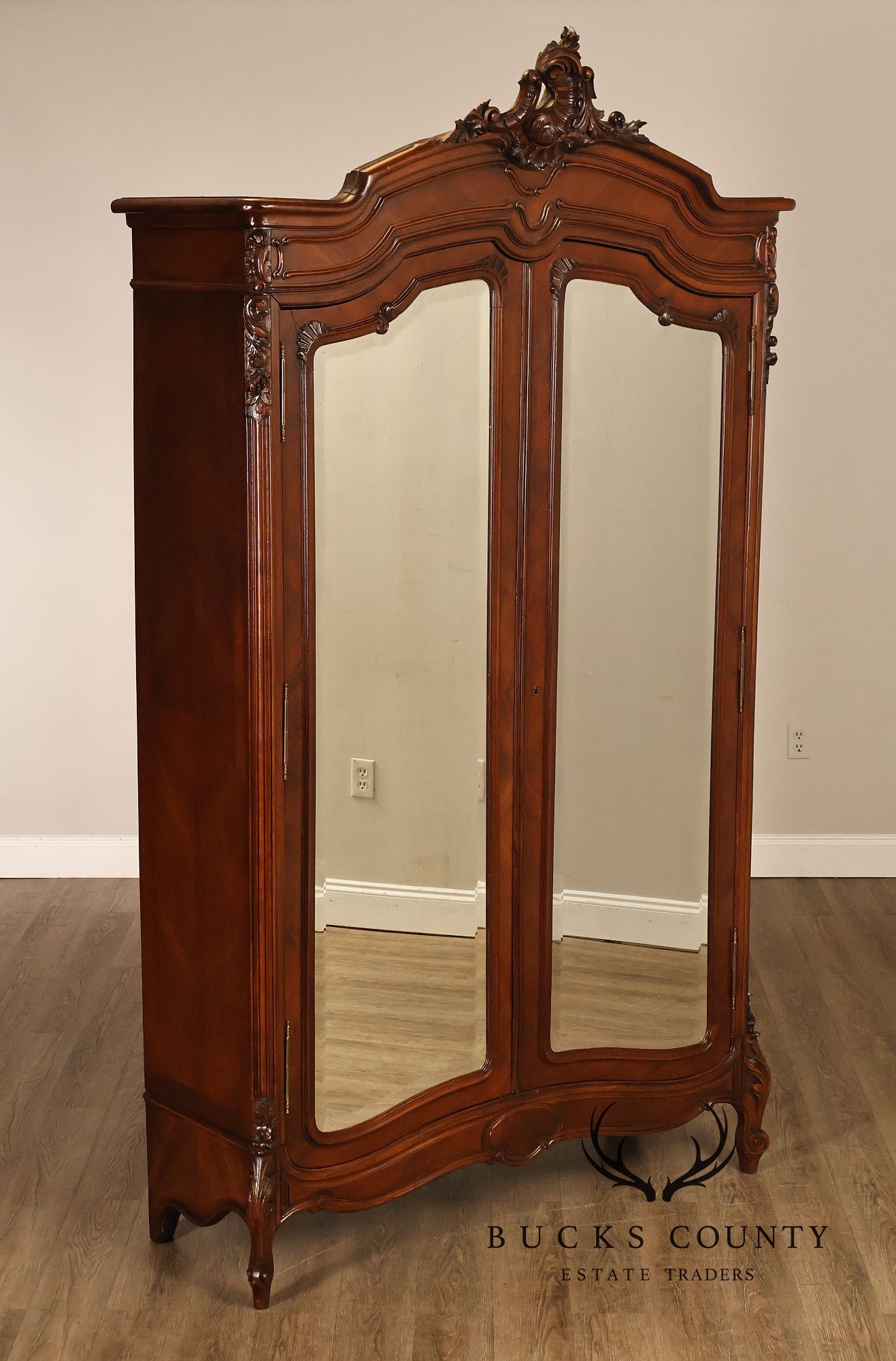 French Louis XV Style Antique Carved Mahogany Mirrored Armoire