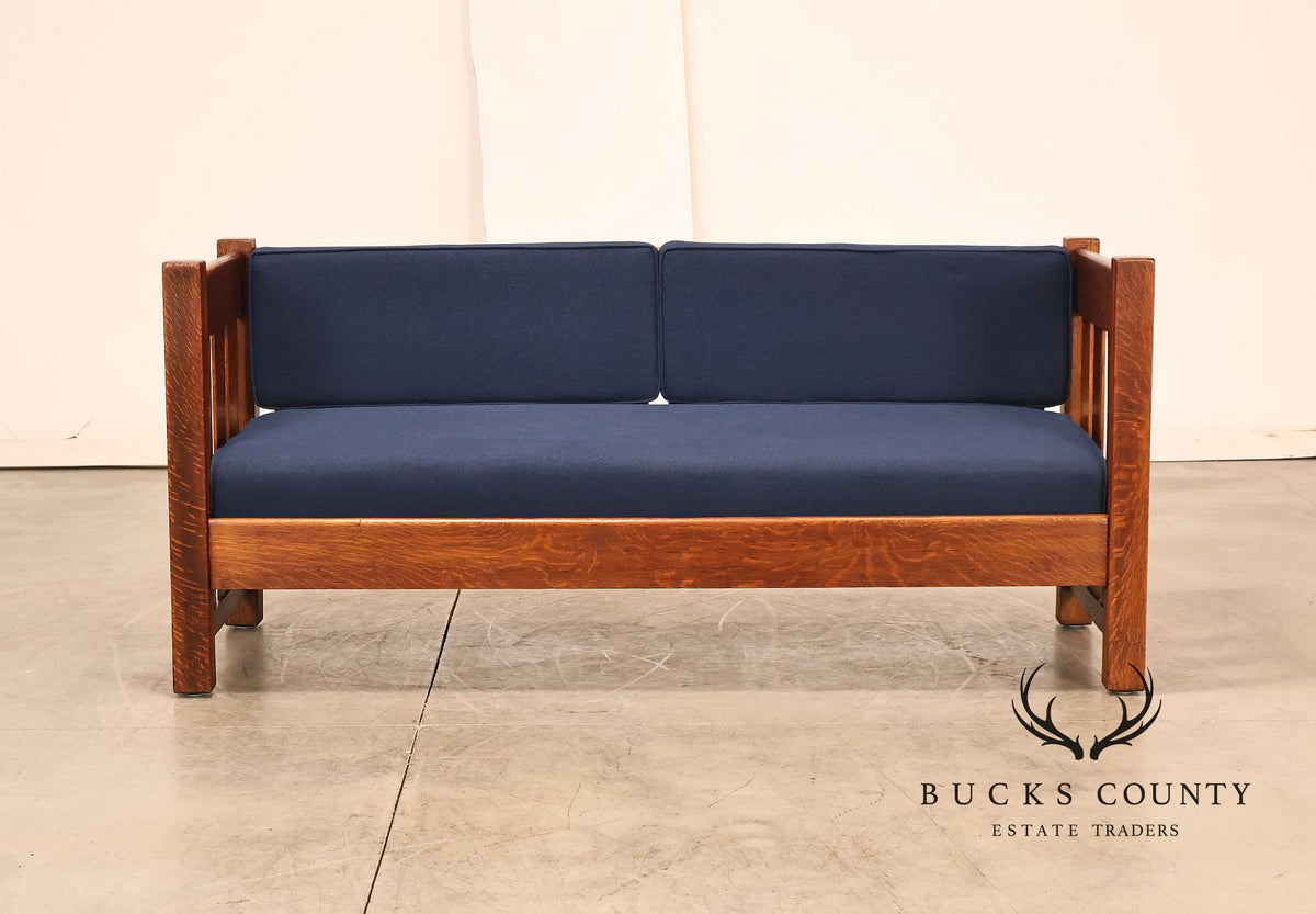 Phoenix Mission Style Quarter Sawn Oak Plank Sofa With Blue Cushions