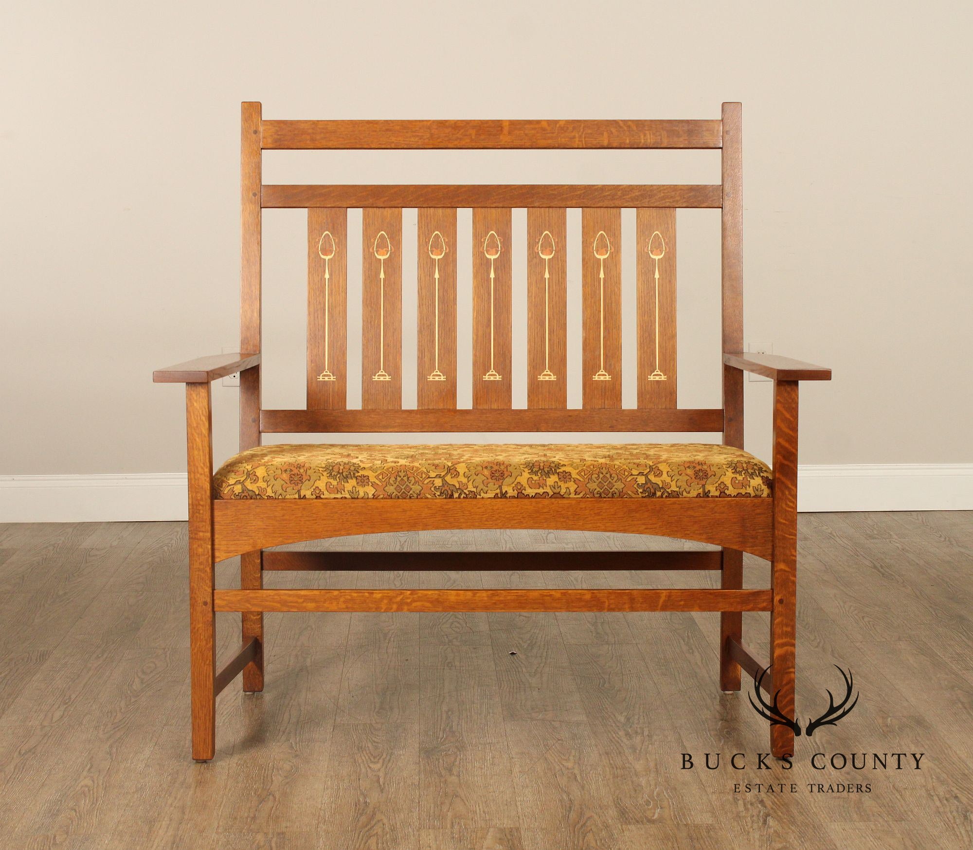 Stickley Mission Collection Harvey Ellis Oak Settee with Inlay