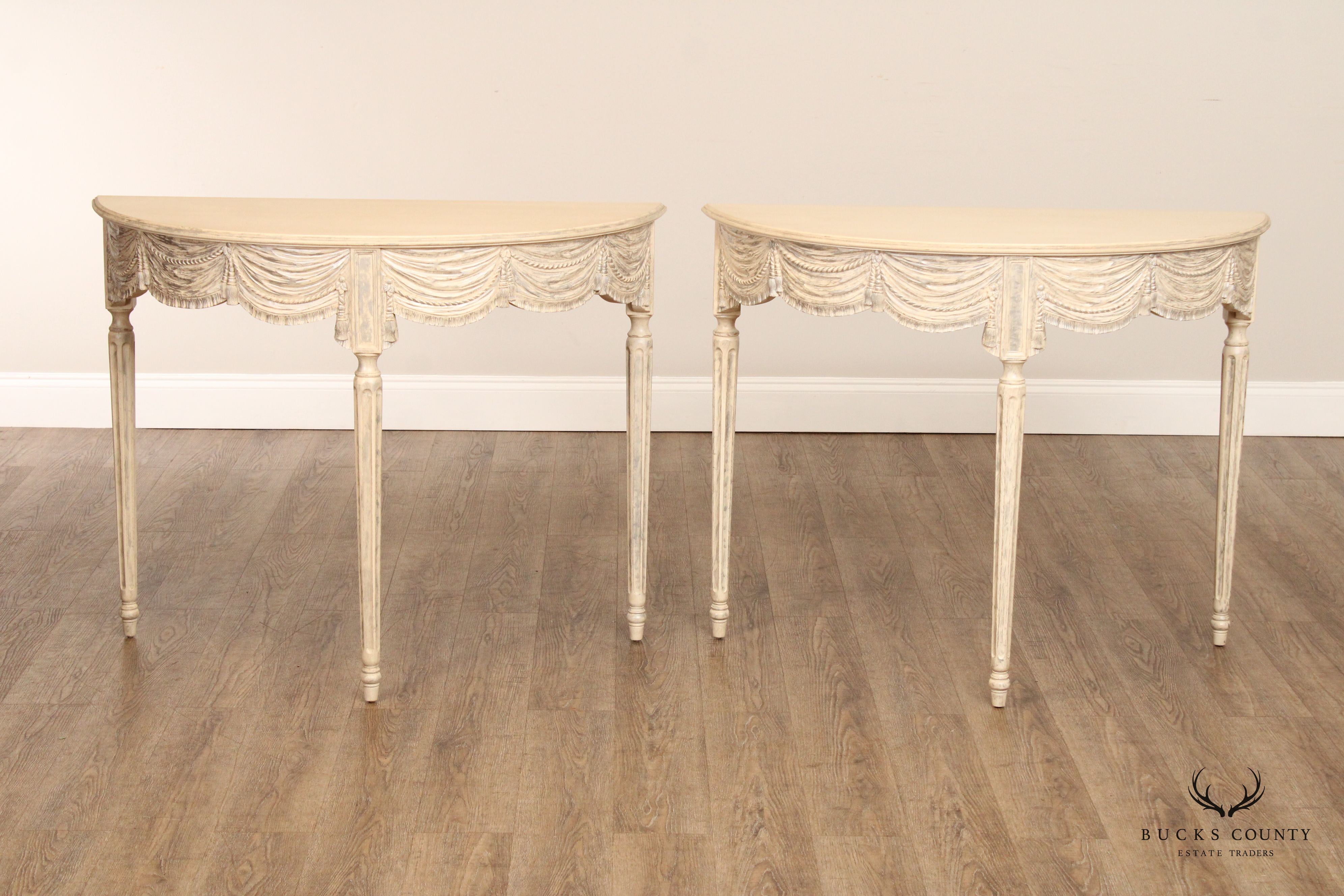 Gustavian Style Pair of Carved and Distress Painted Demilune Console Tables