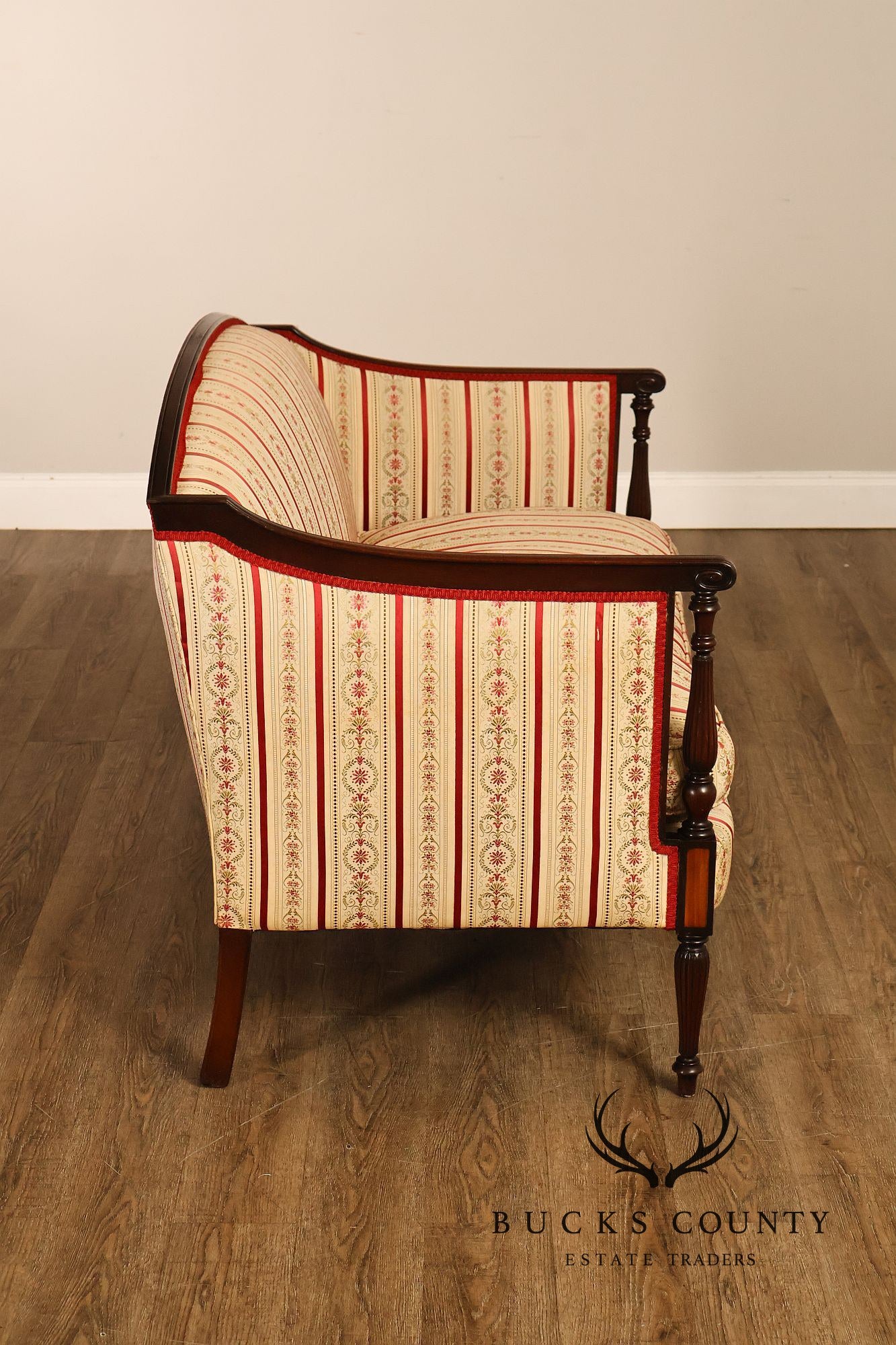 Vintage Sheraton Style Mahogany Inlaid Upholstered Loveseat