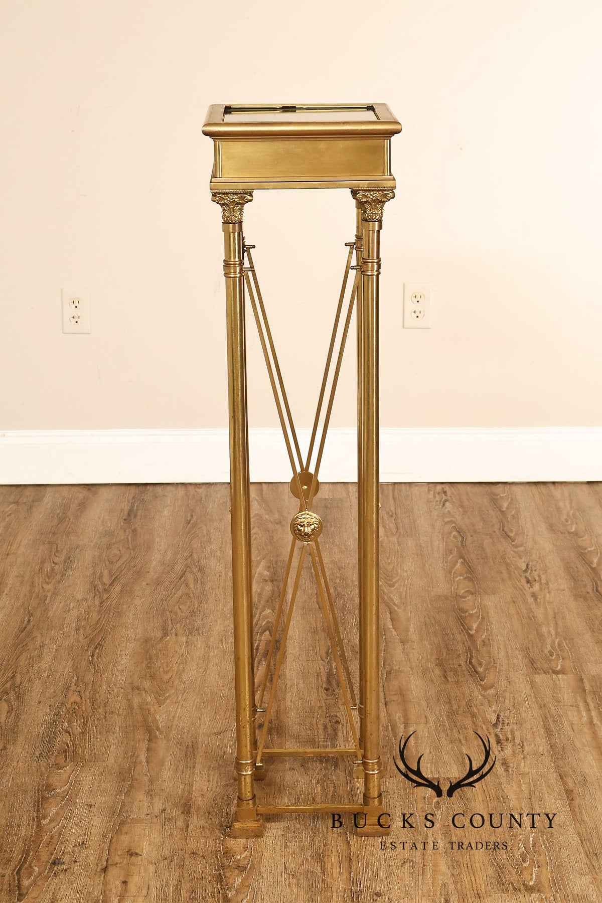Vintage Neoclassical Style Heavy Brass Pedestal Plant Stand With Lion Medallions