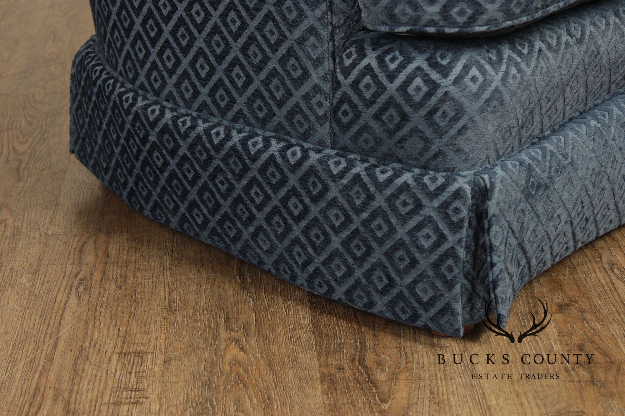 Custom Upholstered Blue Diamond Pattern Curved Loveseat