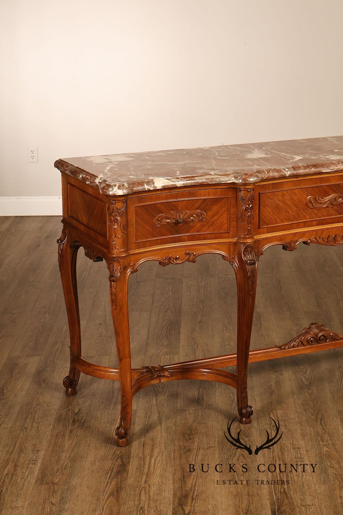 Antique French Louis XV Style Carved Walnut Marble Top Sideboard