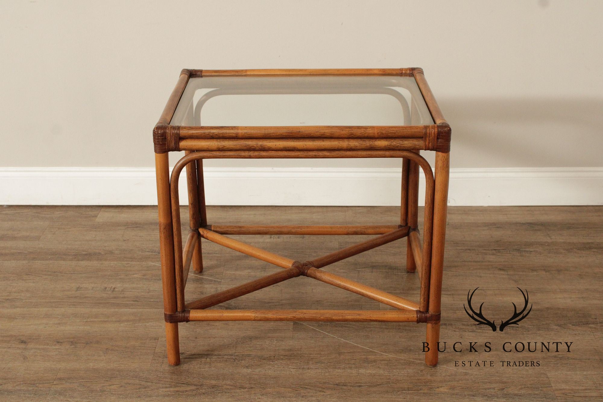 Hollywood Regency Pair of Glass Top Rattan Side Tables