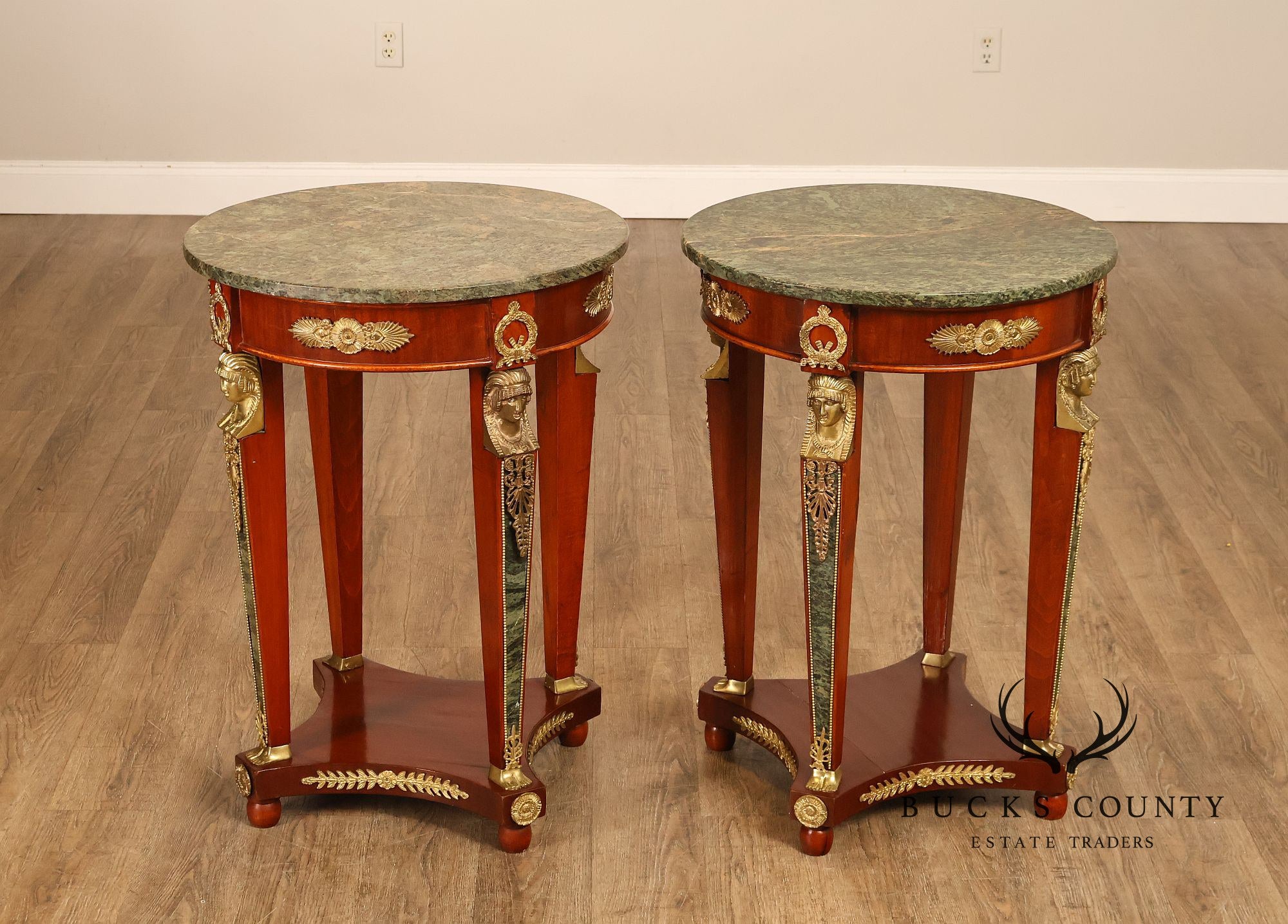 French Empire Style Pair Of Round Marble Top Ormolu Mounted Side Tables
