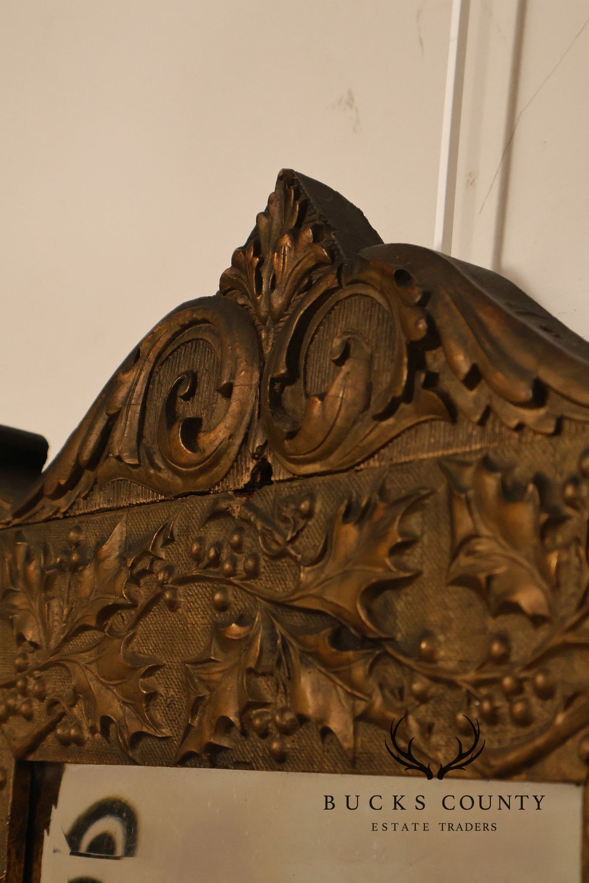 Antique Carved Gilt Wood Wall Mirror With Wrought Iron Hooks