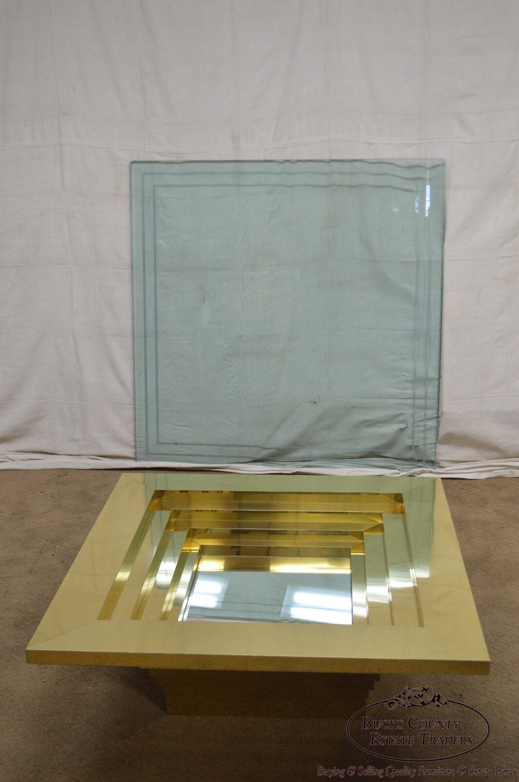 Mid-Century Modern Cityscape Stacking Brass Large Square Glass Top Coffee Table