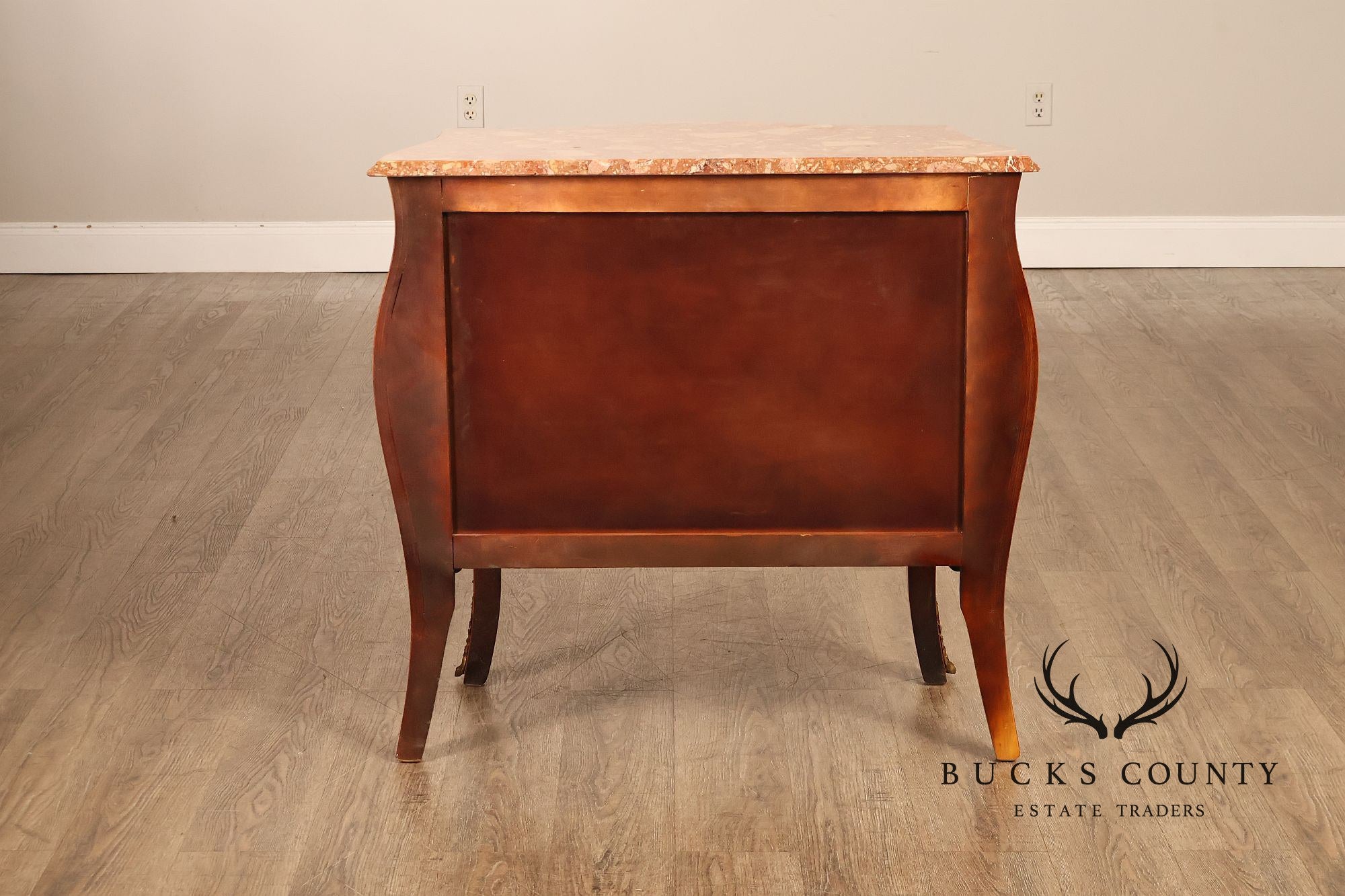 Italian Louis XV Style Marquetry Inlaid Marble Top Bombe Chest Commode