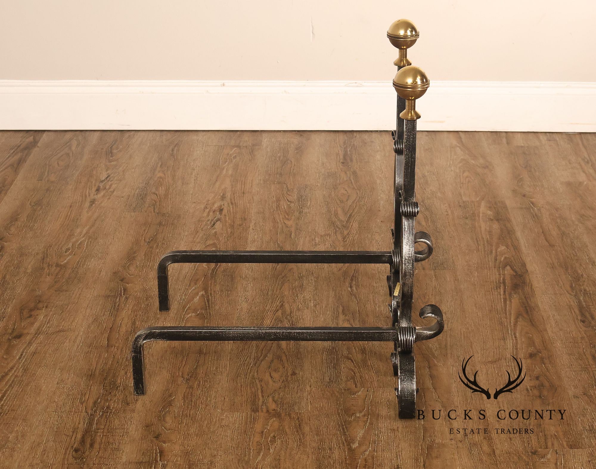 Pair of Italian Wrought Iron And Brass Fireplace Andirons