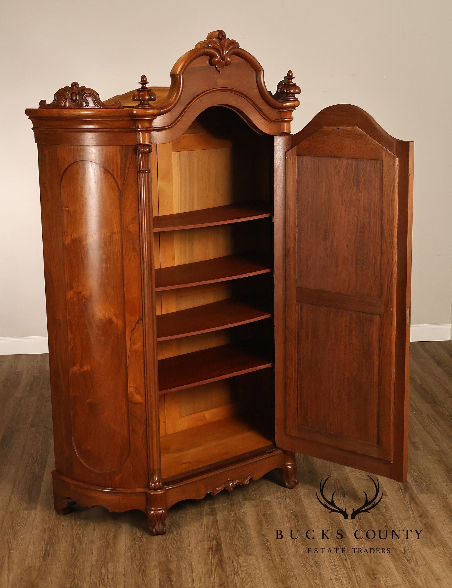 Antique Renaissance Revival Louis XV Style Carved Walnut Mirrored Armoire